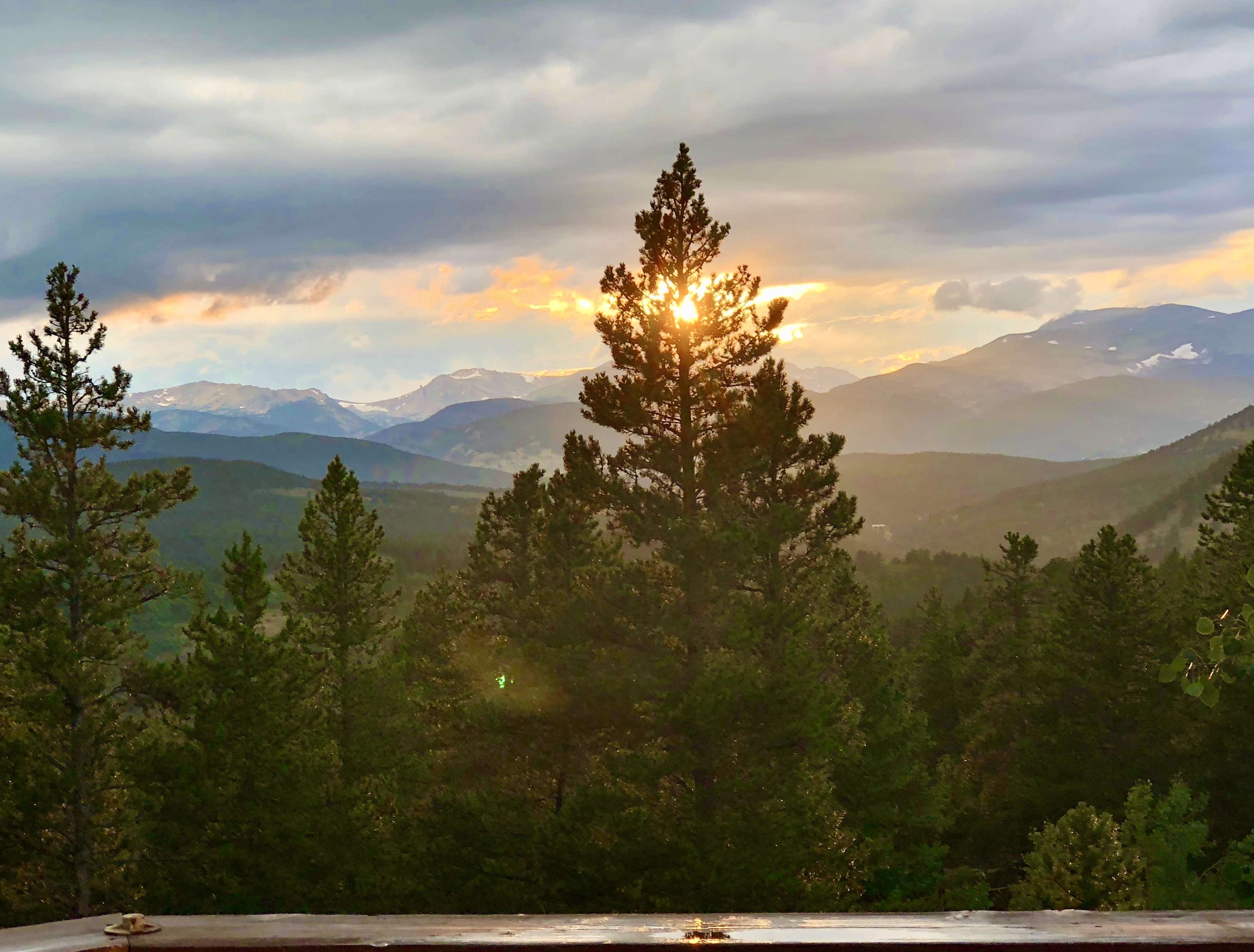A sunset glows behind a tall pine tree, illuminating the distant mountain range and forest in the foreground.