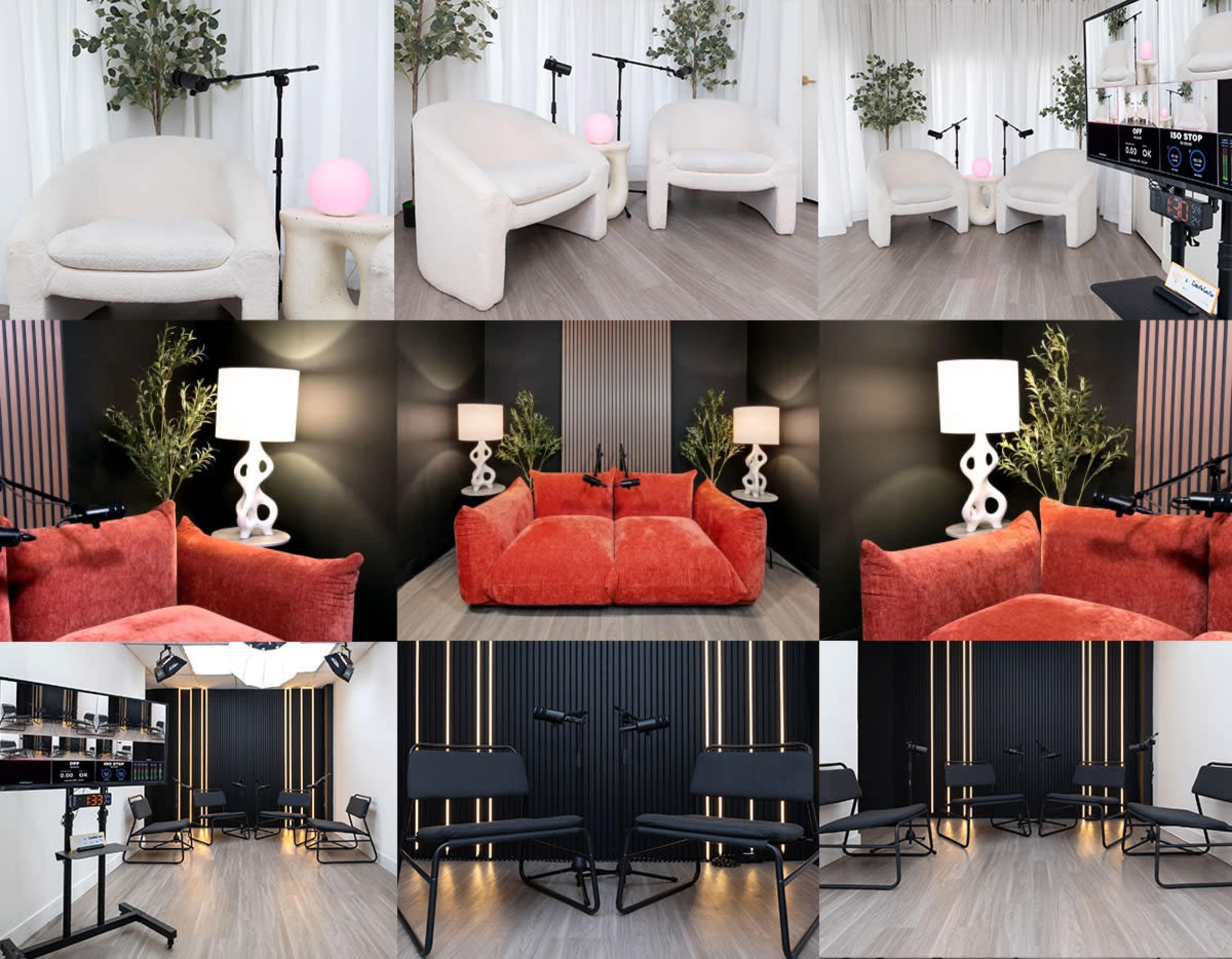 The image displays two different interior setups featuring various seating arrangements, lighting elements, and decorative plants.