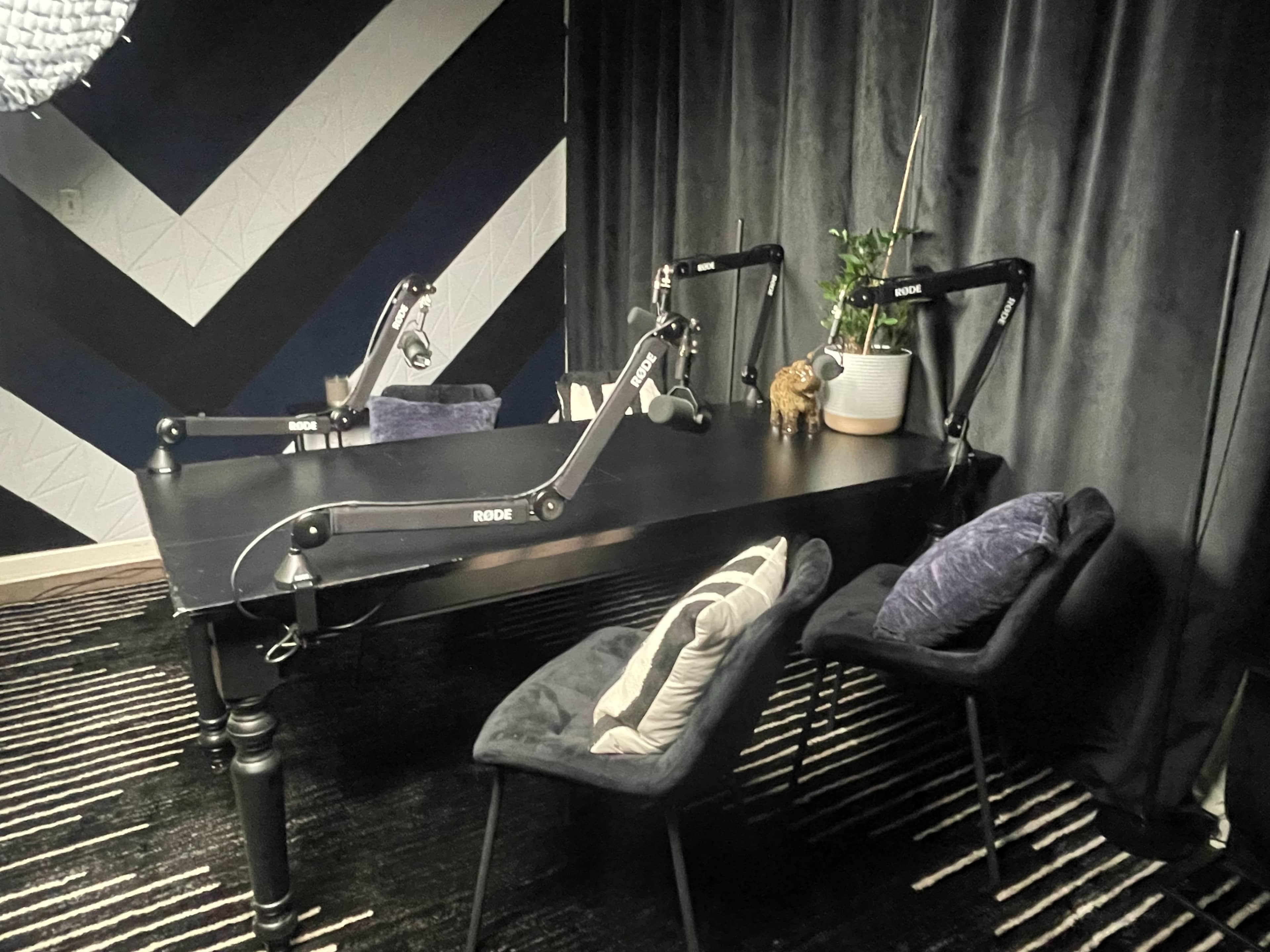 The image shows a studio setup featuring a large black table with two microphone arms, a plant in a pot, and two stylish chairs arranged nearby on a striped carpet.