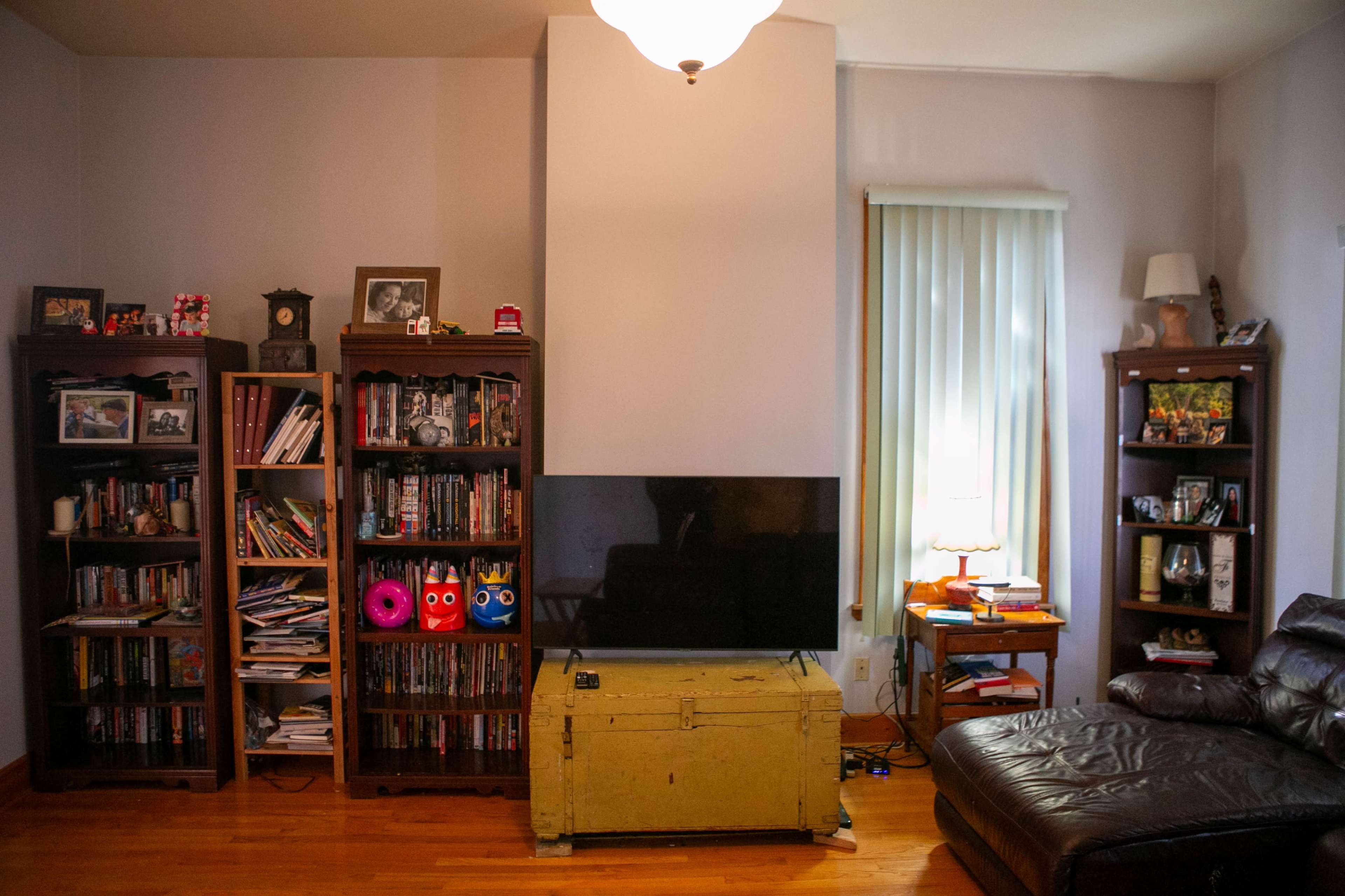 The image shows a living room with a large television in front of a yellow chest, flanked by two bookshelves filled with various books and decorations, and a leather couch on the right side.