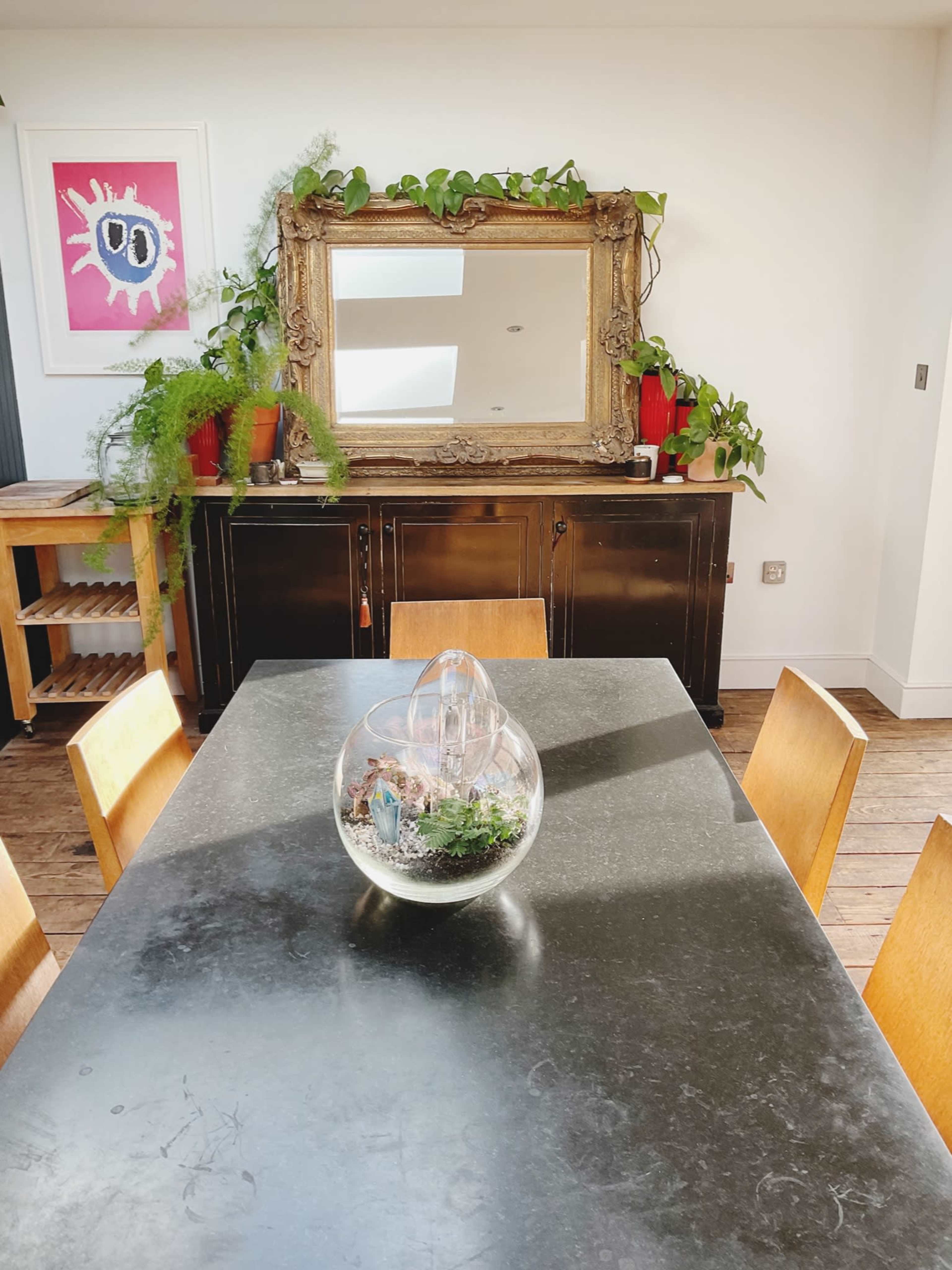 A dining table with a round terrarium sits in the center of a room featuring a large ornate mirror and various plants on a sideboard and windowsill.