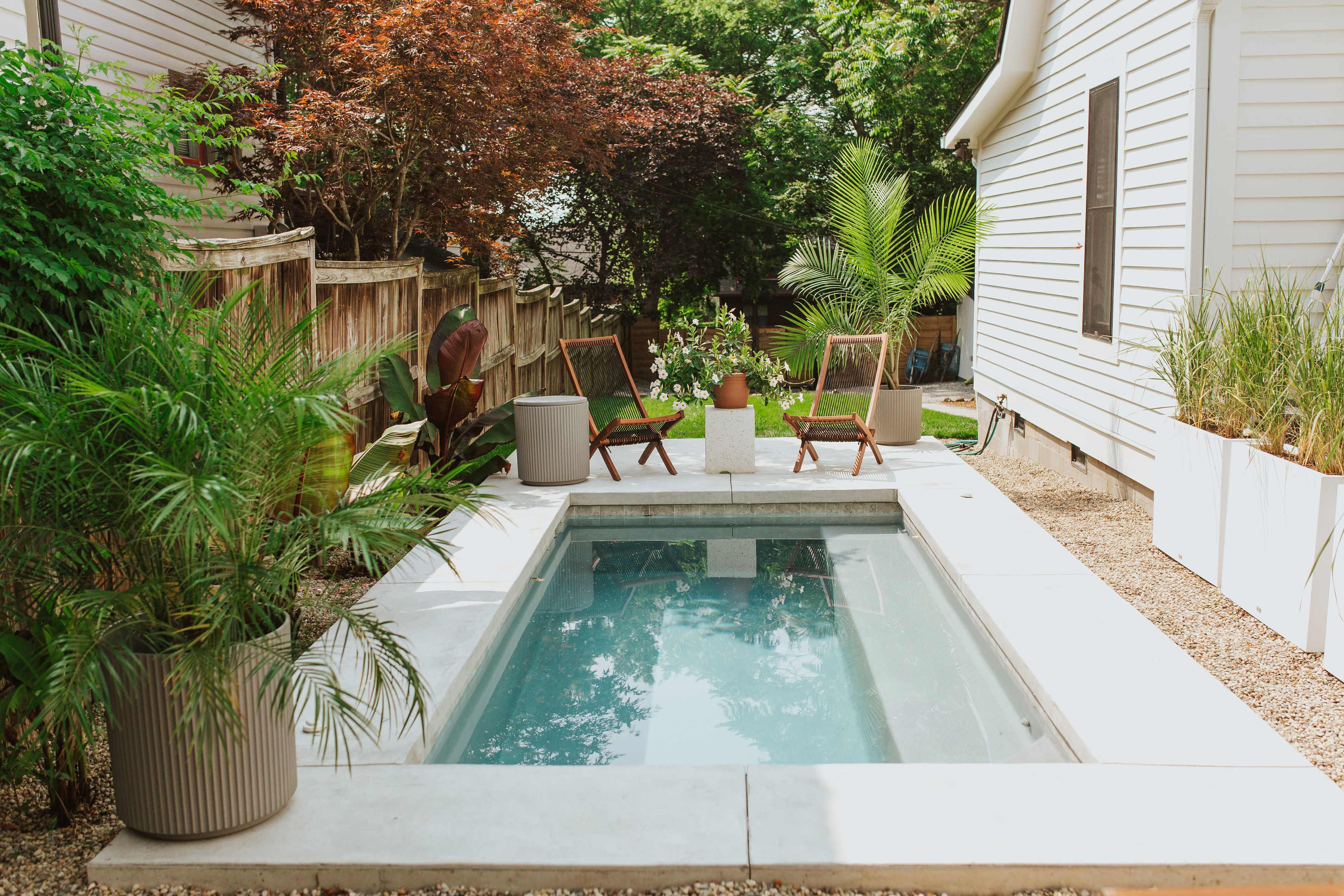 A small, modern plunge pool surrounded by potted plants and two wooden chairs beside a white wall.