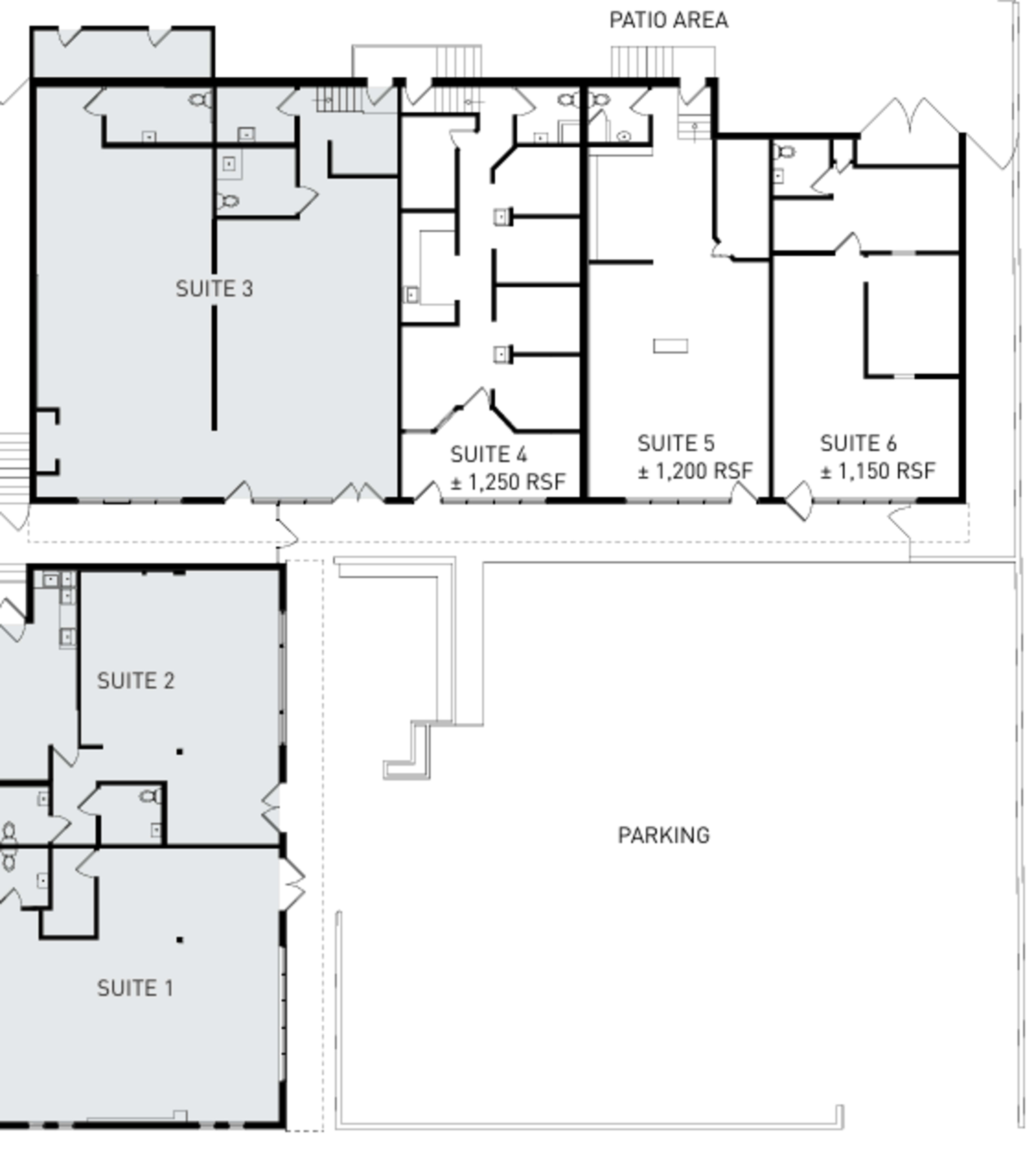 The image shows a floor plan layout of a building, featuring six suites labeled 1 through 6, a patio area, and a parking section.