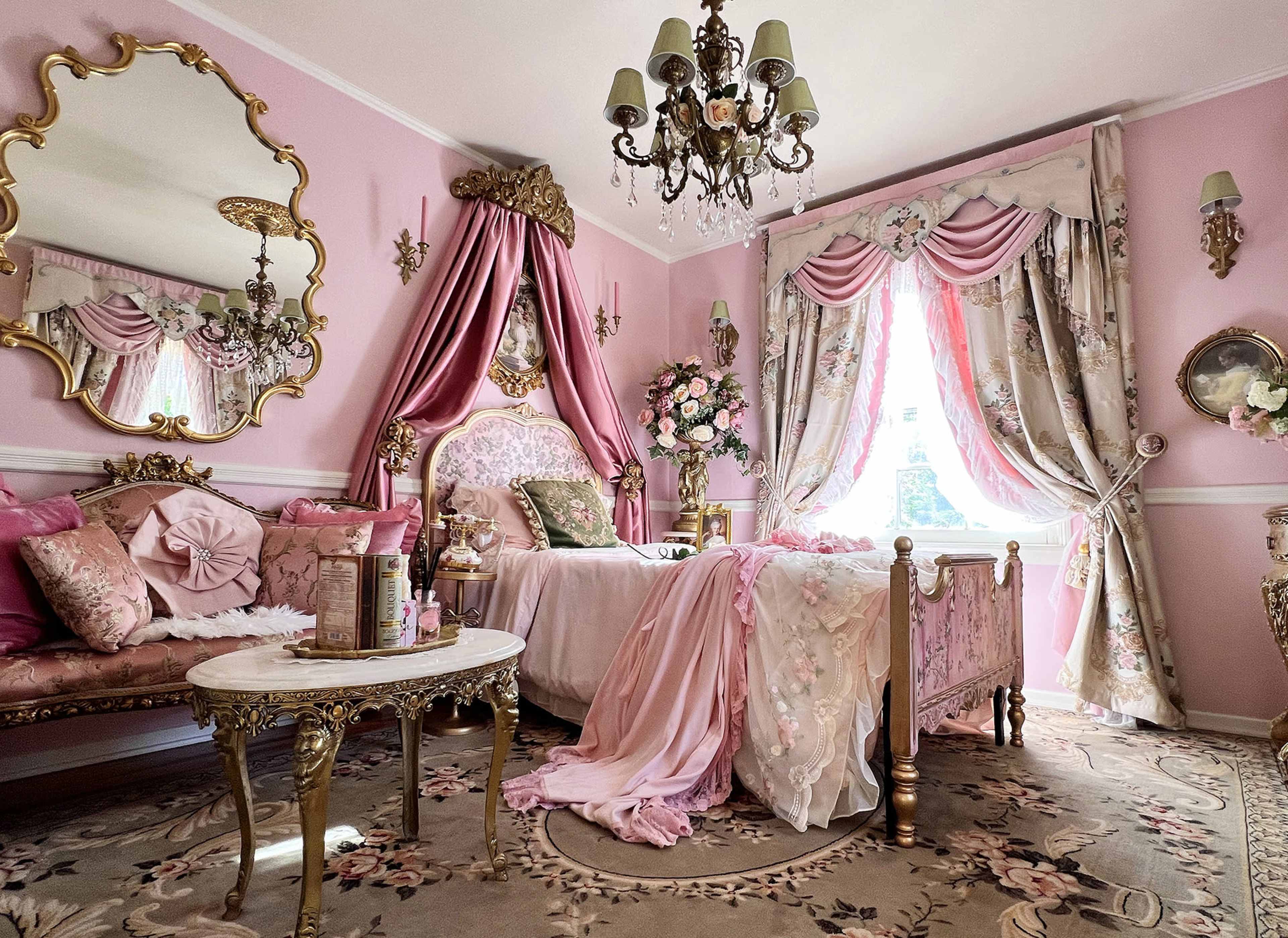 The image depicts a lavishly decorated bedroom with pink walls, a bed draped in pink fabrics, and ornate furniture, including a chandelier, mirrors, and floral decor.
