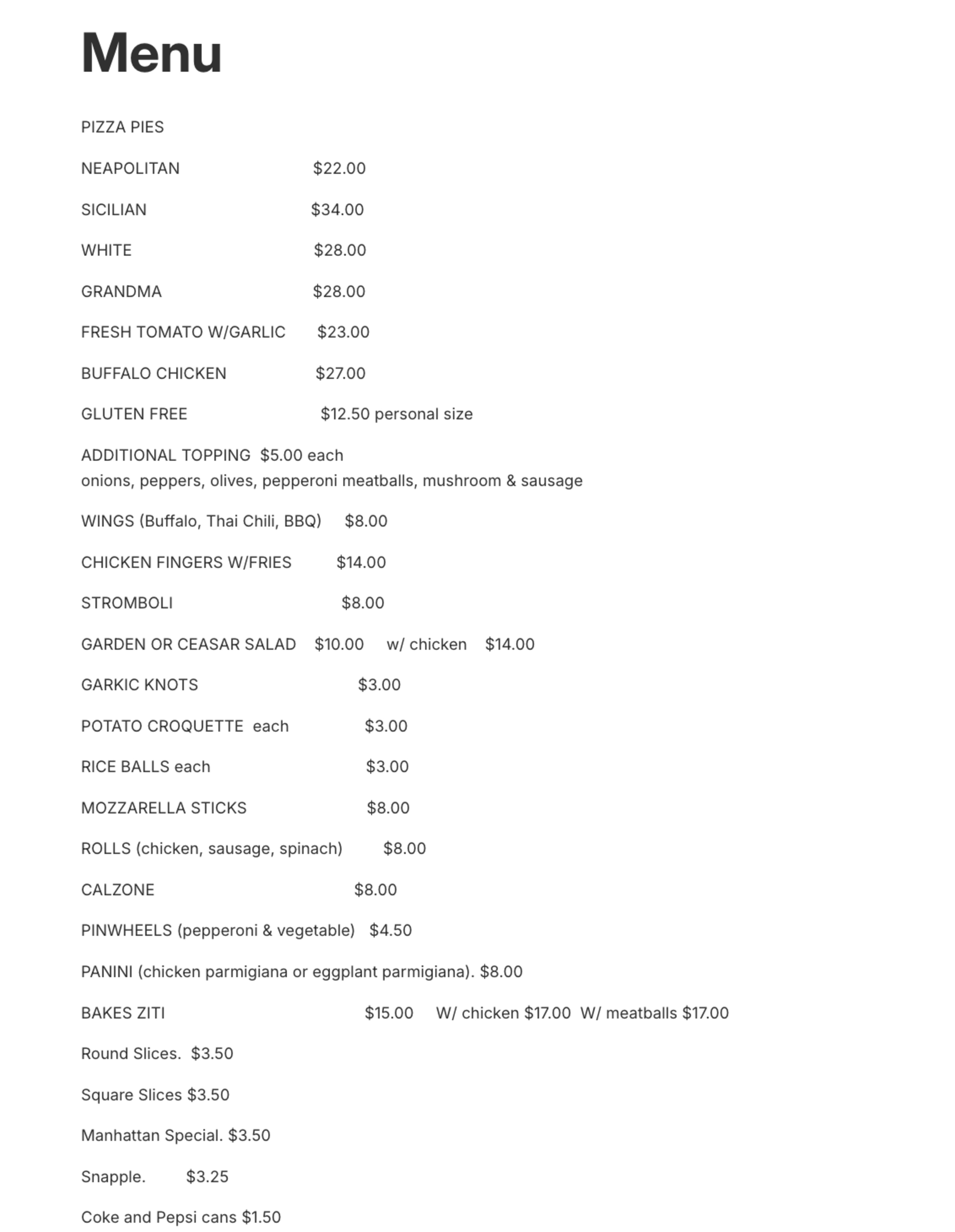 Menu offerings