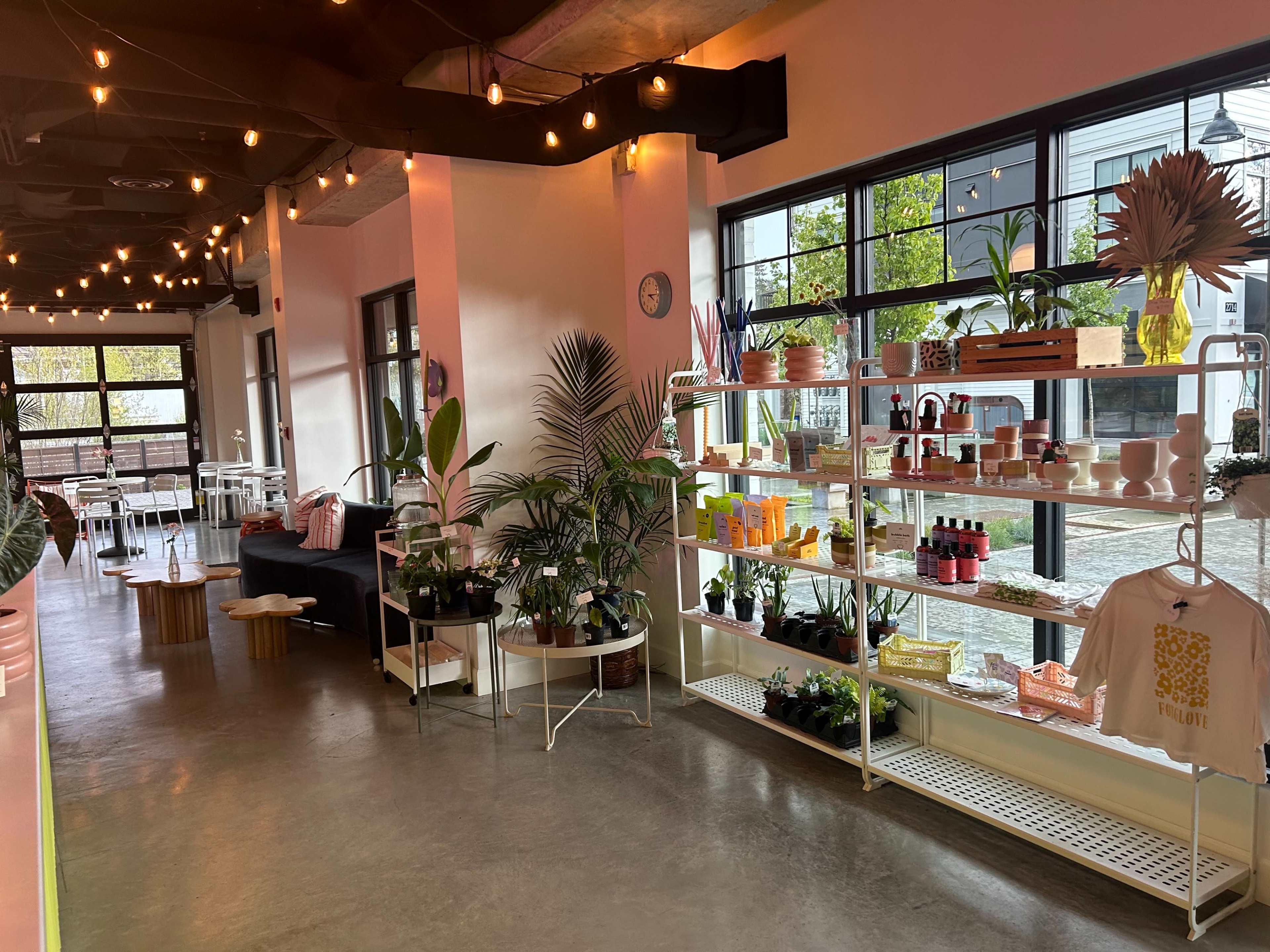A stylish café interior featuring a variety of potted plants, shelves displaying colorful products, and warm lighting from string lights overhead.