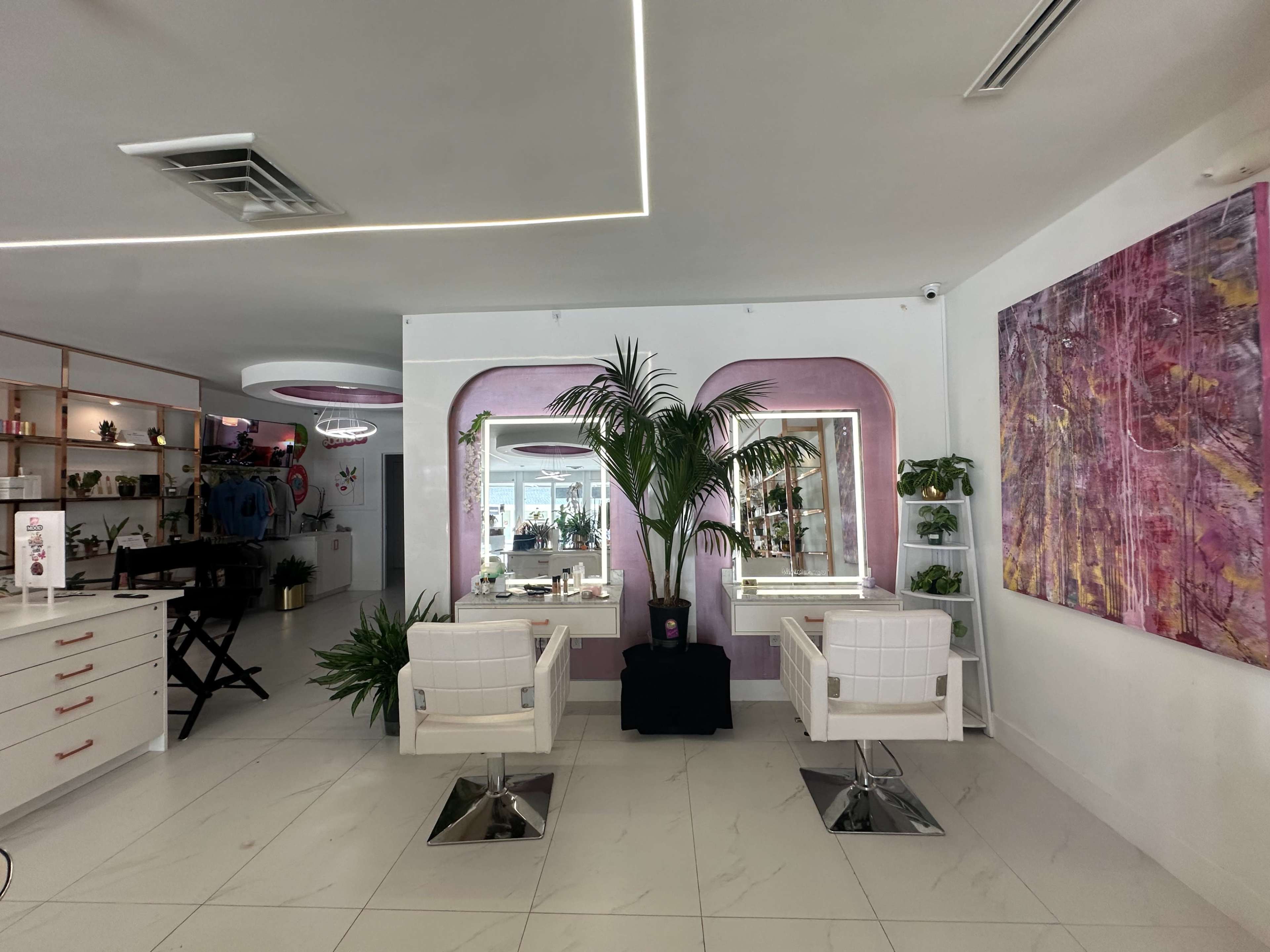 The image shows a modern beauty salon interior featuring two white chairs, large mirrors, and various plants, with a colorful artwork on the wall.