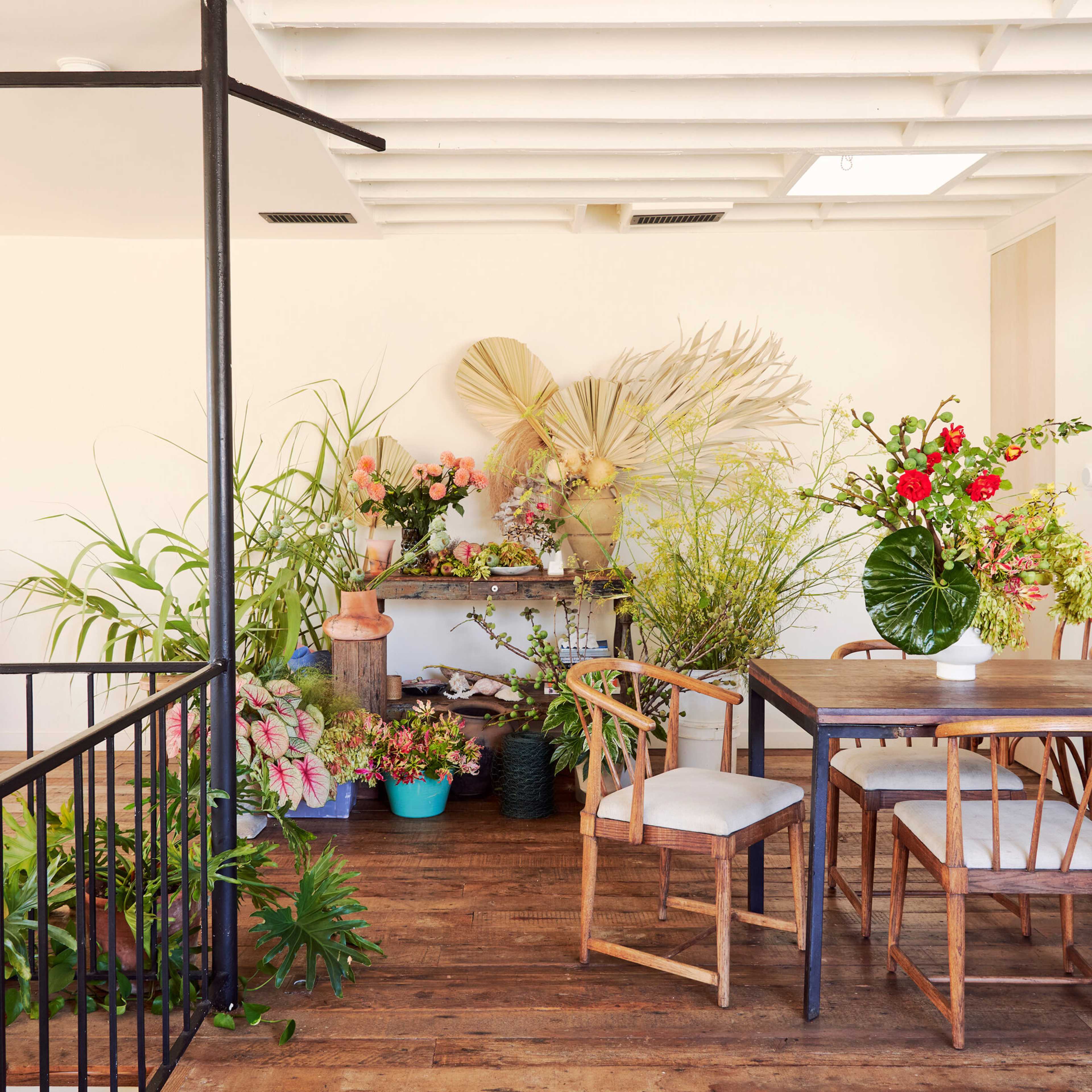 The scene features a bright indoor space with a wooden table and chairs surrounded by various potted plants and a display of colorful flowers on a nearby table.