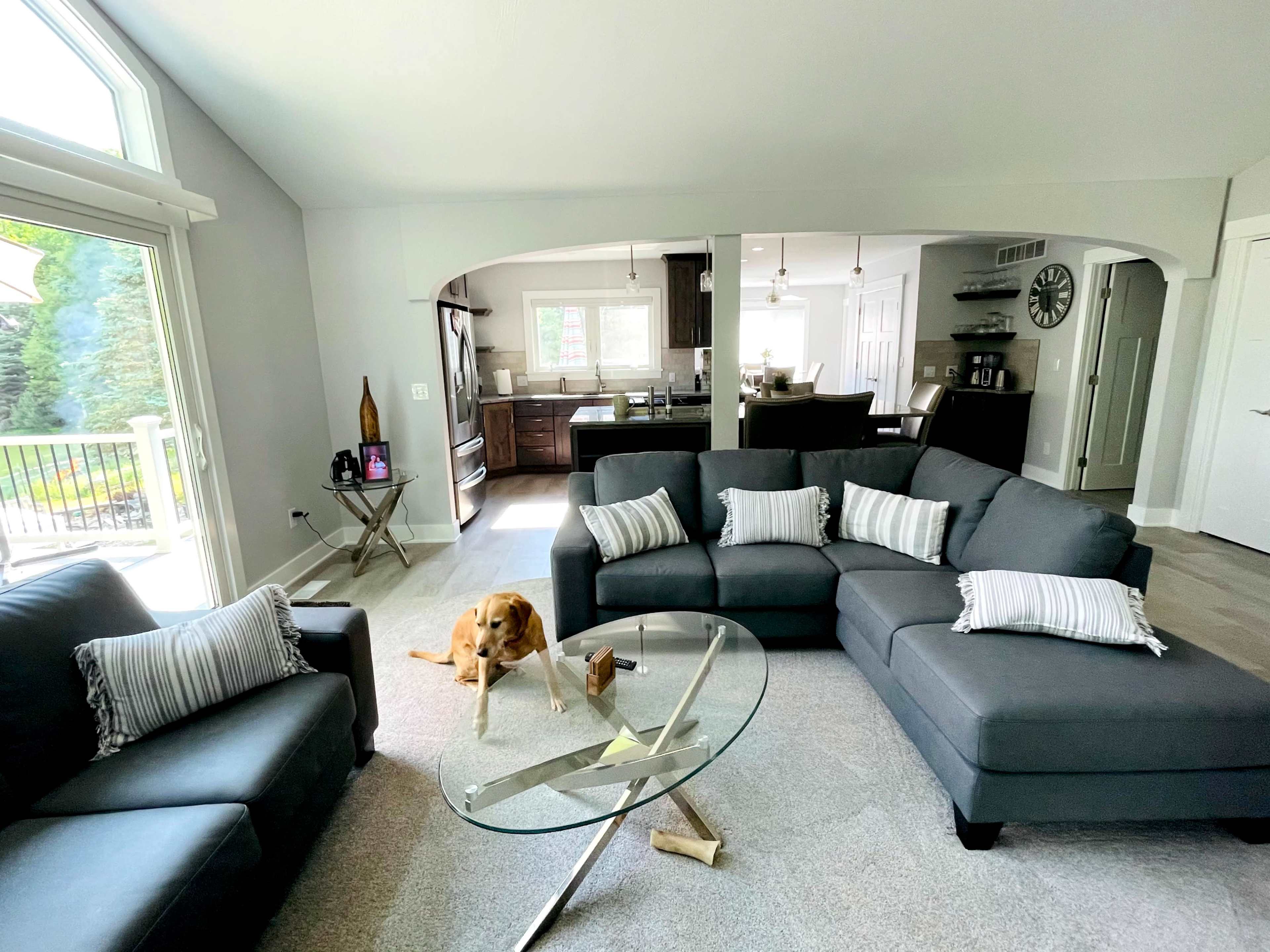 A spacious living room features gray furniture, a circular glass coffee table, and a dog sitting on a carpeted floor, with a kitchen visible in the background.