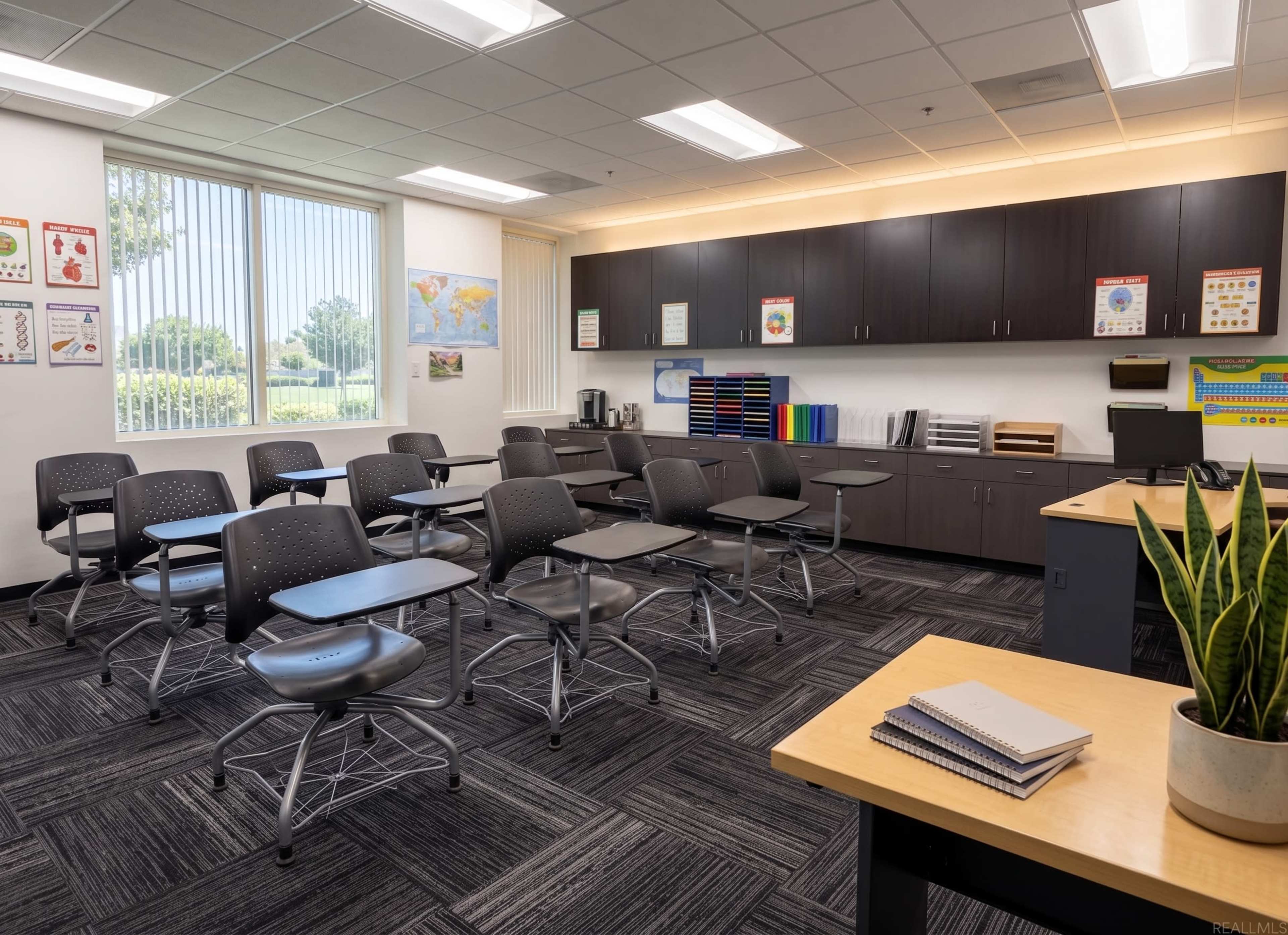 The image shows a classroom with several empty, modern desks arranged in rows, along with a large cabinet and educational materials on the walls.