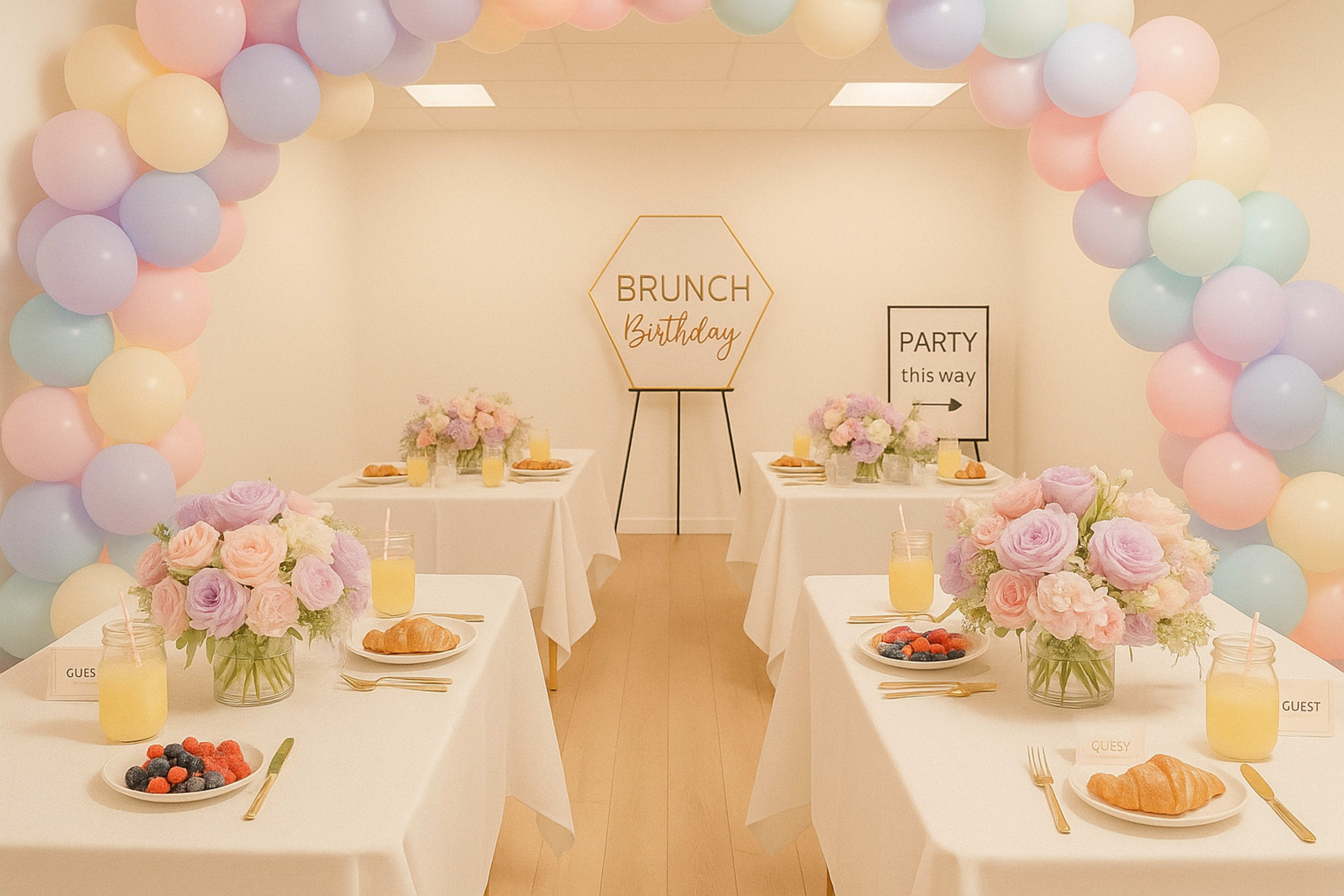 The image shows a decorated indoor space for a birthday brunch, featuring tables with floral centerpieces, pastries, and drinks, under a colorful balloon arch.