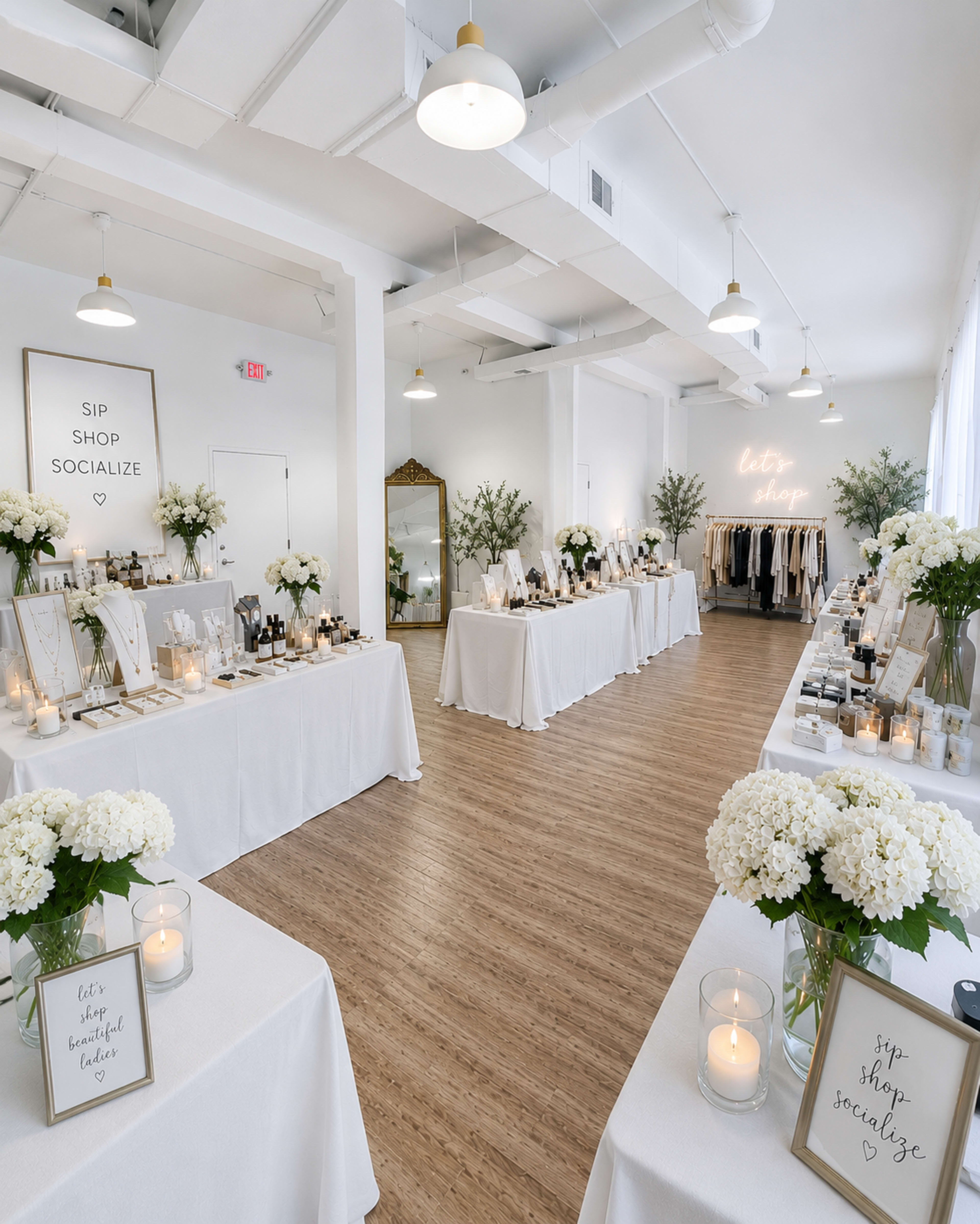 A spacious, well-lit event space features elegantly arranged tables covered in white cloths, displaying various products surrounded by floral centerpieces and candlelight.
