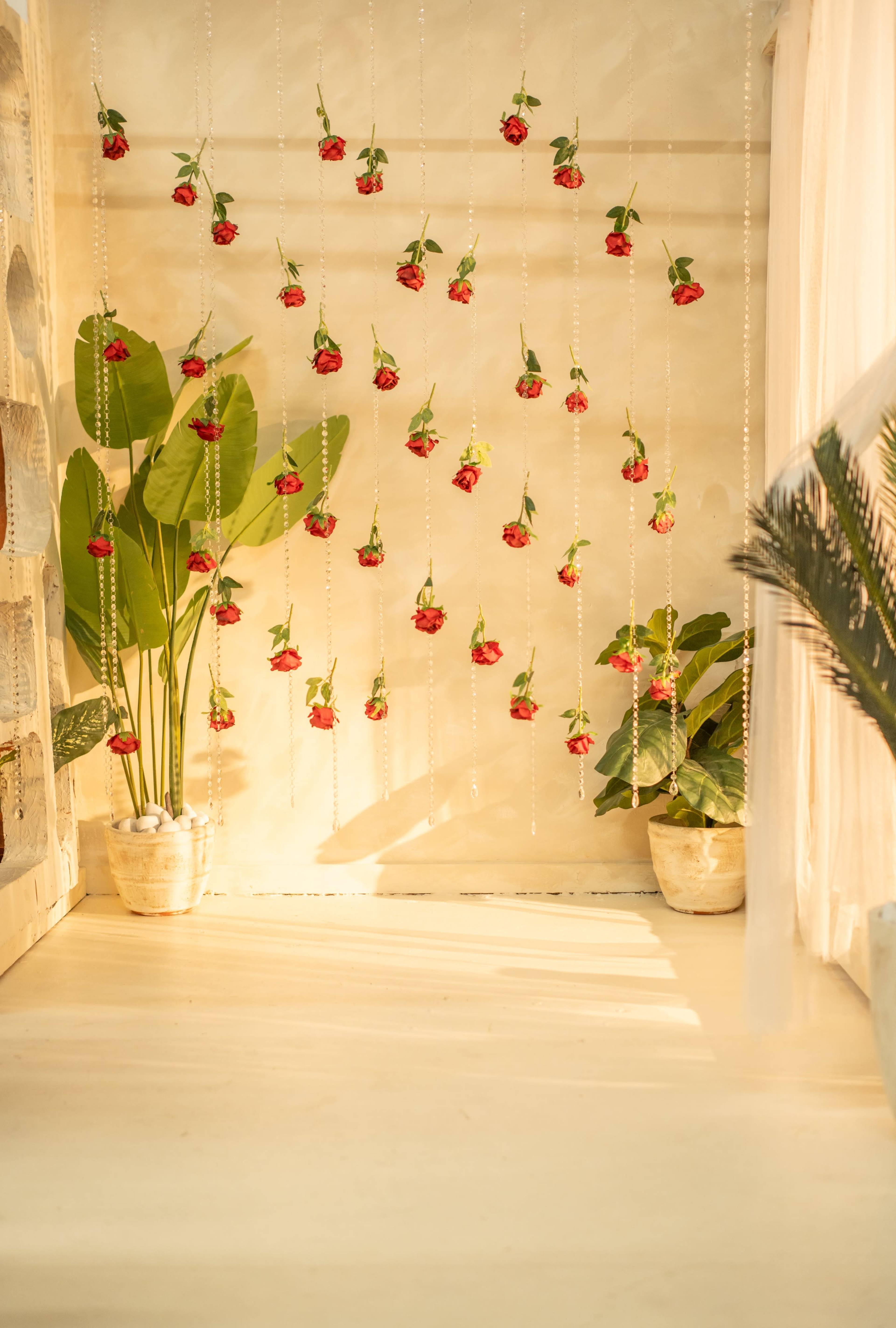 The image shows a well-lit indoor space with a wall decorated with hanging red flowers and two potted green plants on the floor.
