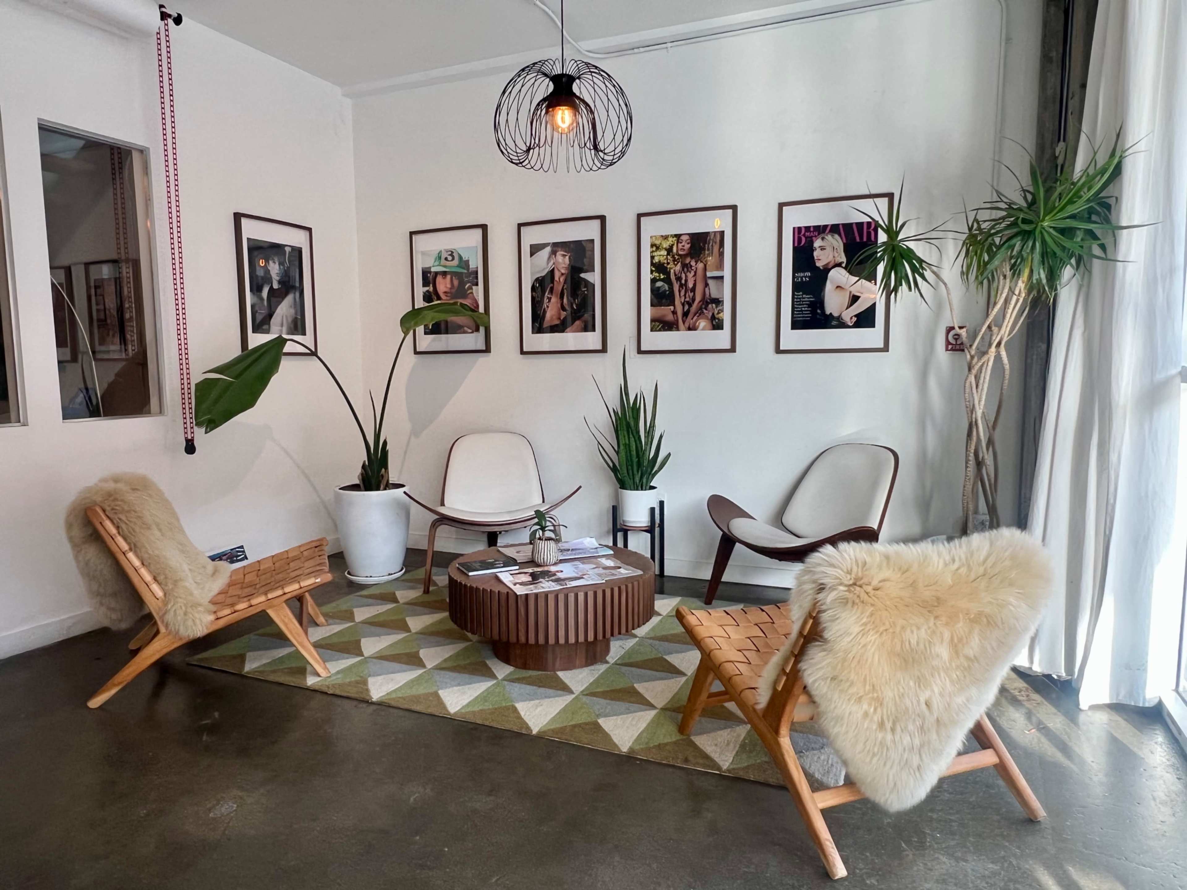 A living space features three chairs, a round coffee table, and framed photos on the wall, surrounded by plants and a patterned rug.