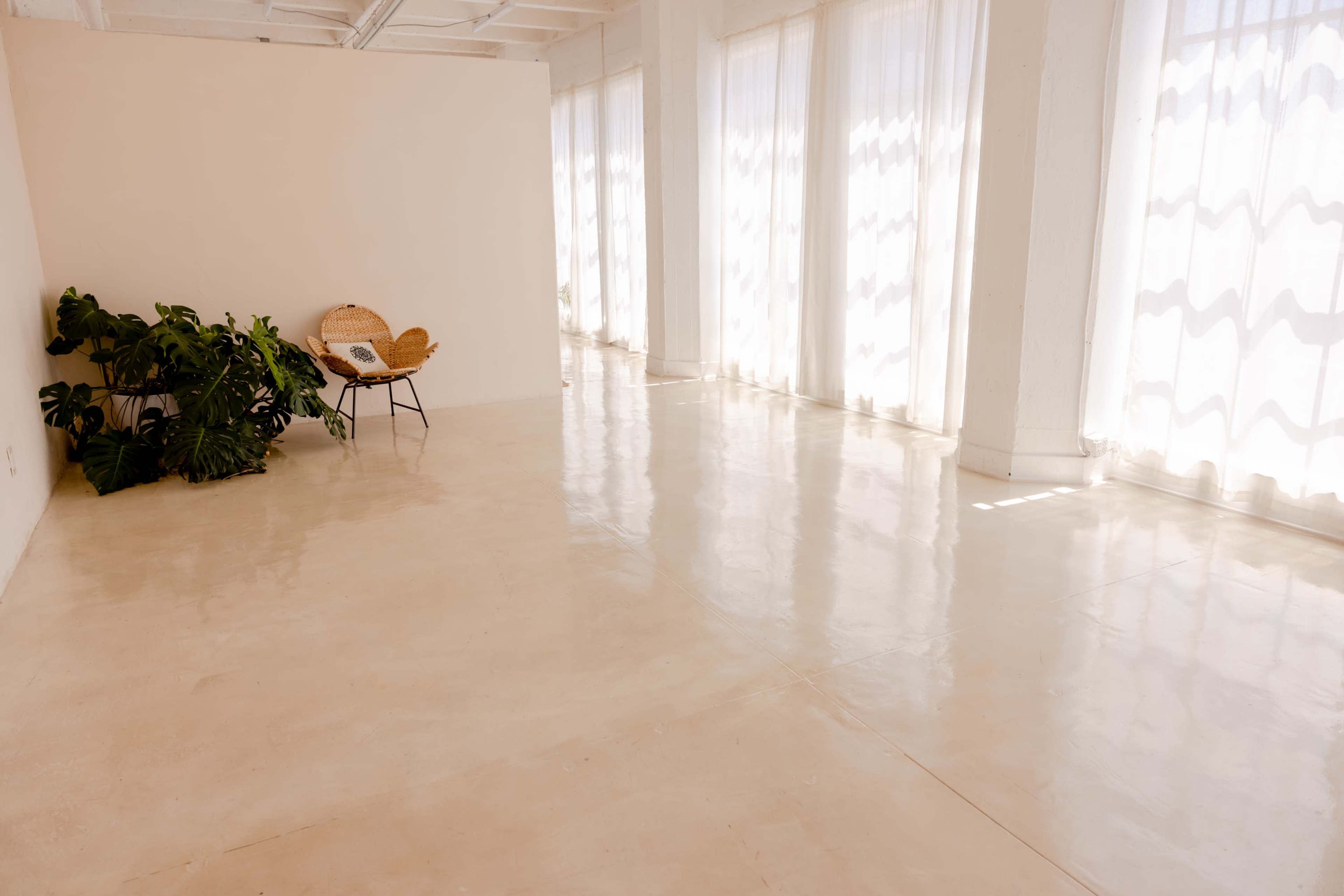 A bright, empty room features large windows with sheer curtains, a single chair, and a potted plant.