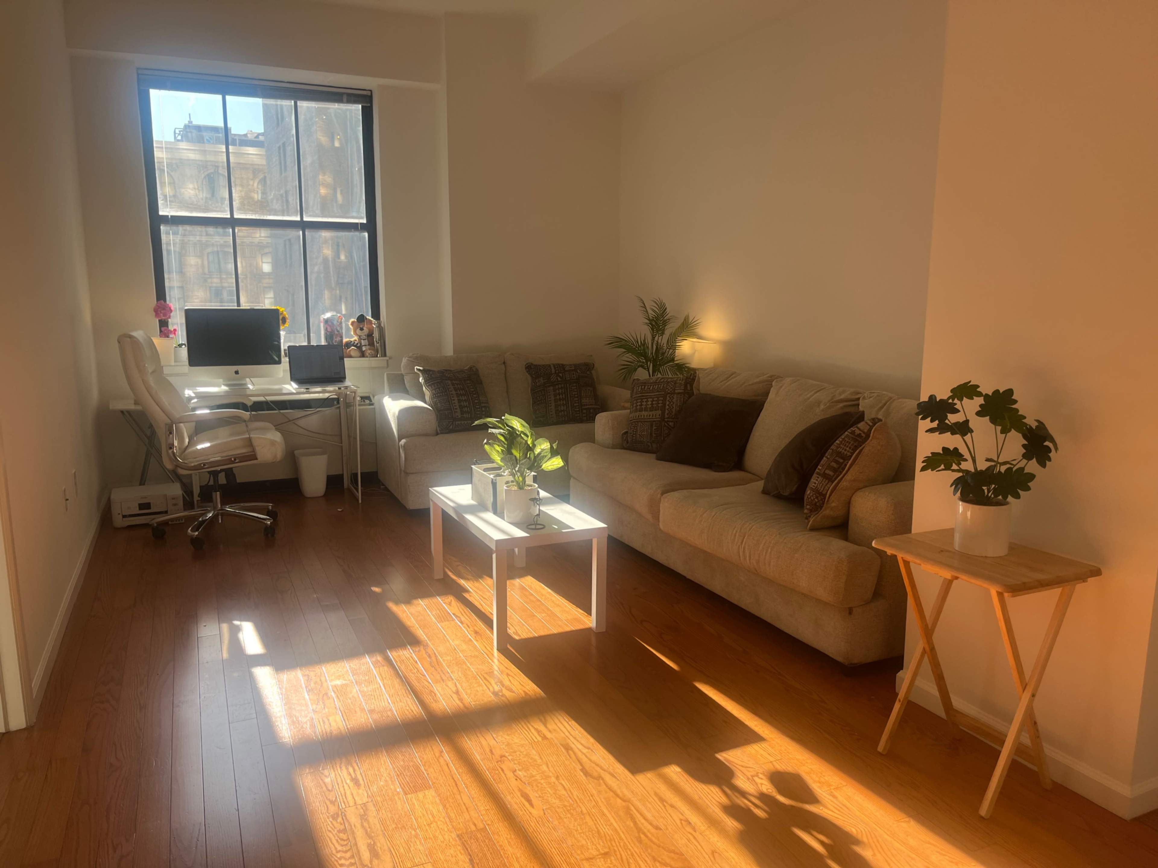 The image shows a bright living room with a beige sofa, a small table with a plant, a desk with a computer, and a window allowing sunlight to stream in.
