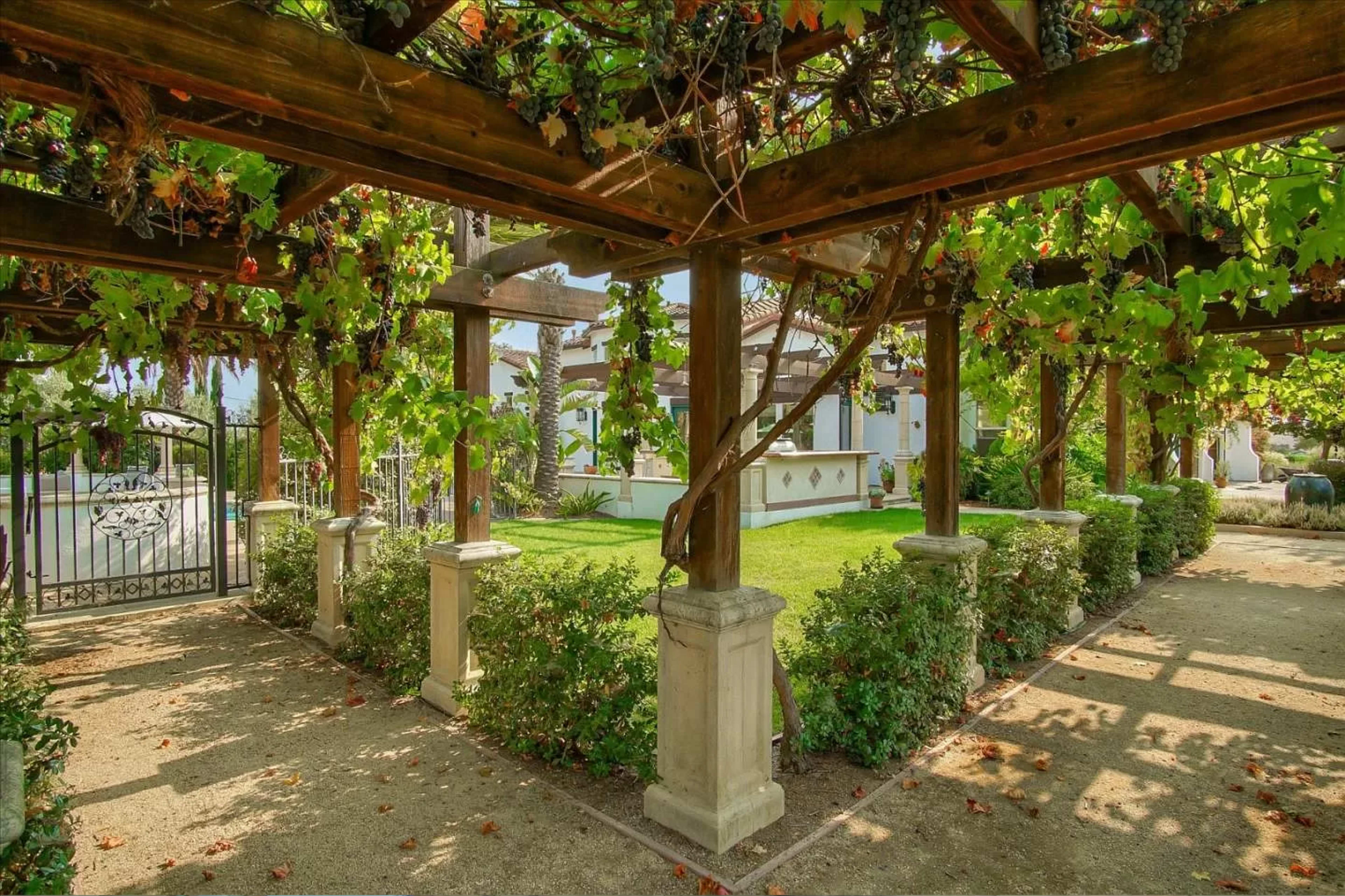 A shaded walkway covered with vines leads to a grassy area enclosed by low stone walls and gates.