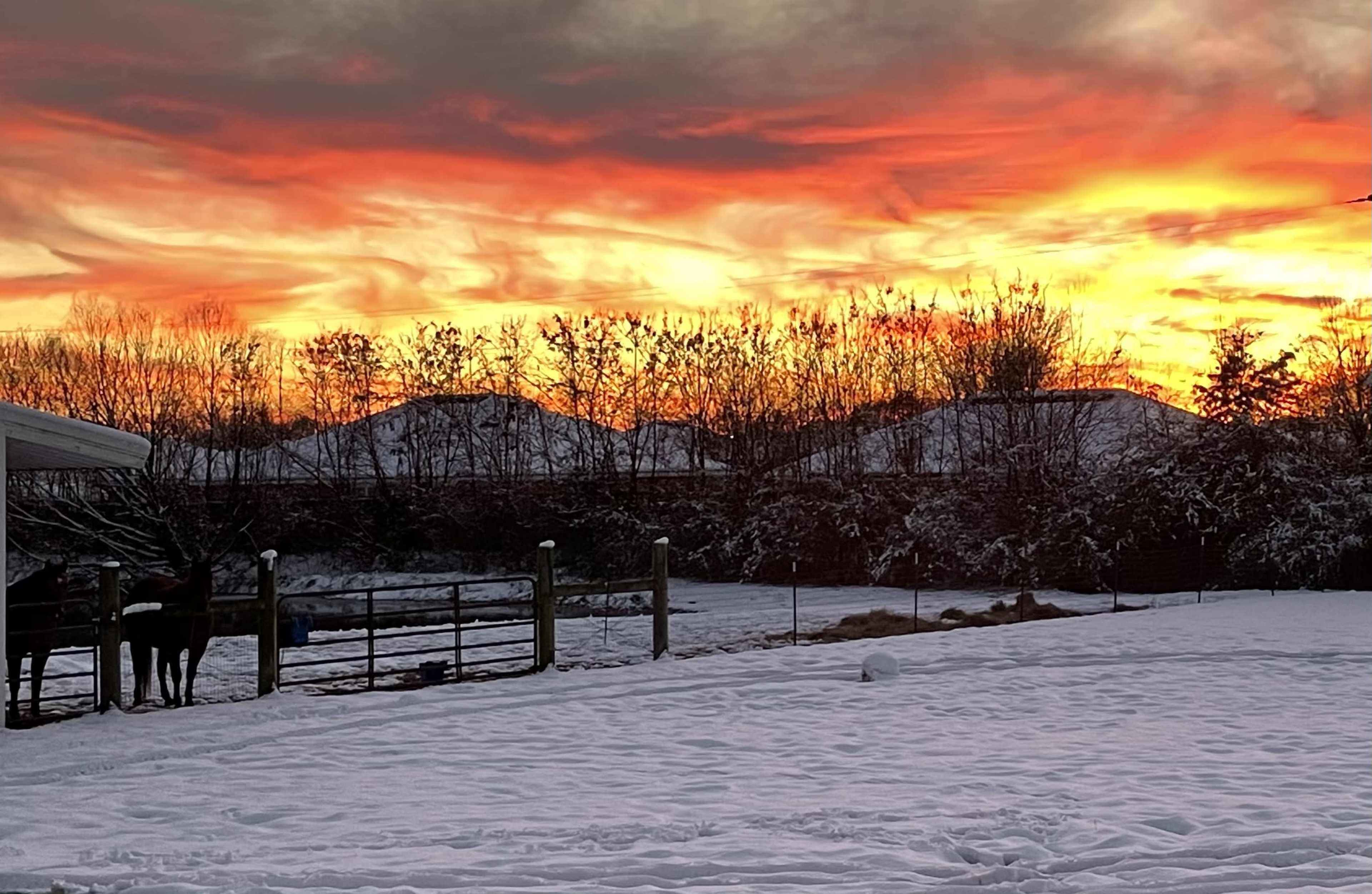 The scene shows a snowy landscape at sunset, with vibrant orange and pink hues in the sky behind silhouette trees and distant hills.