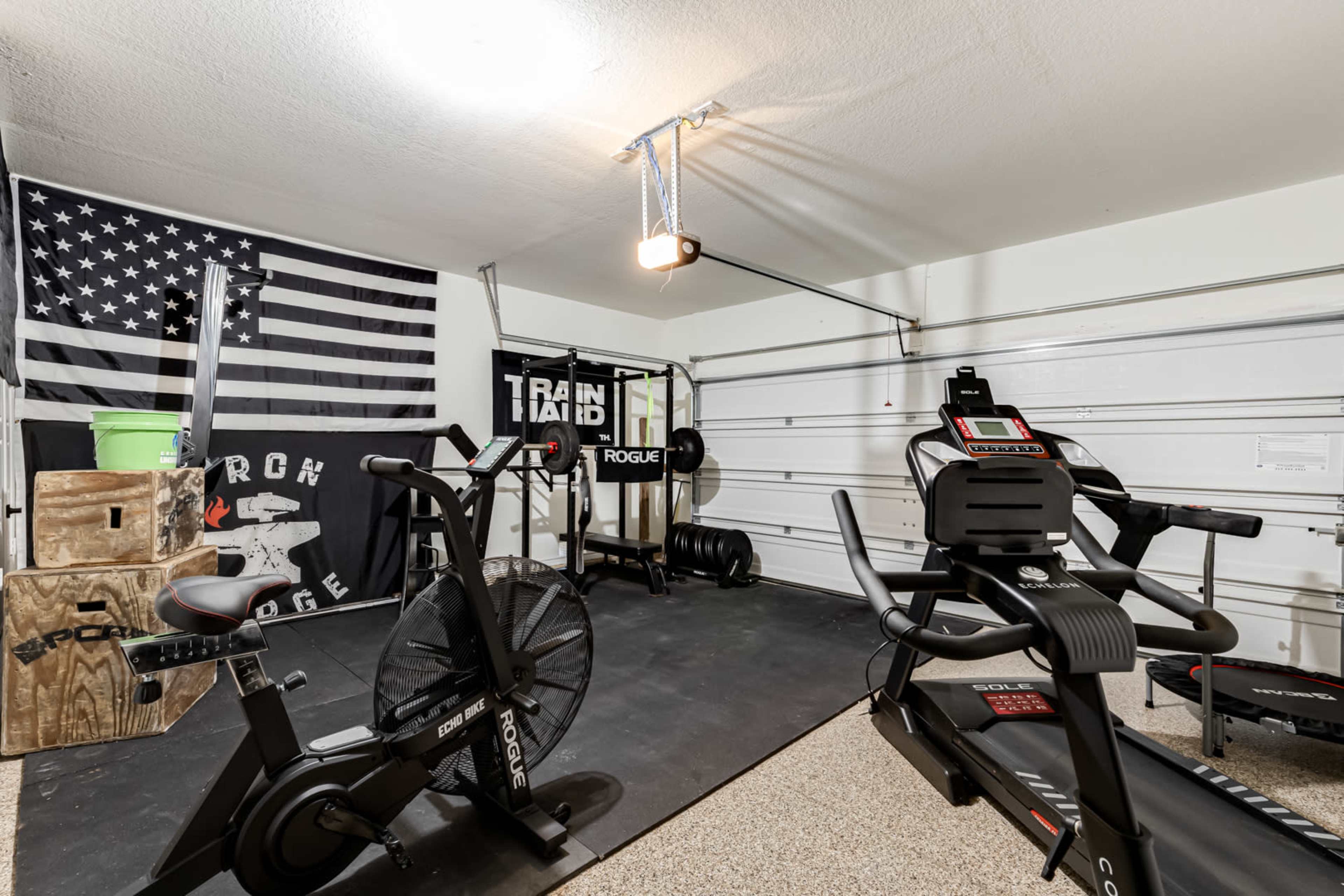 A home gym setup in a garage with exercise equipment including an air bike, a rowing machine, and free weights, accompanied by fitness-themed flags on the walls.