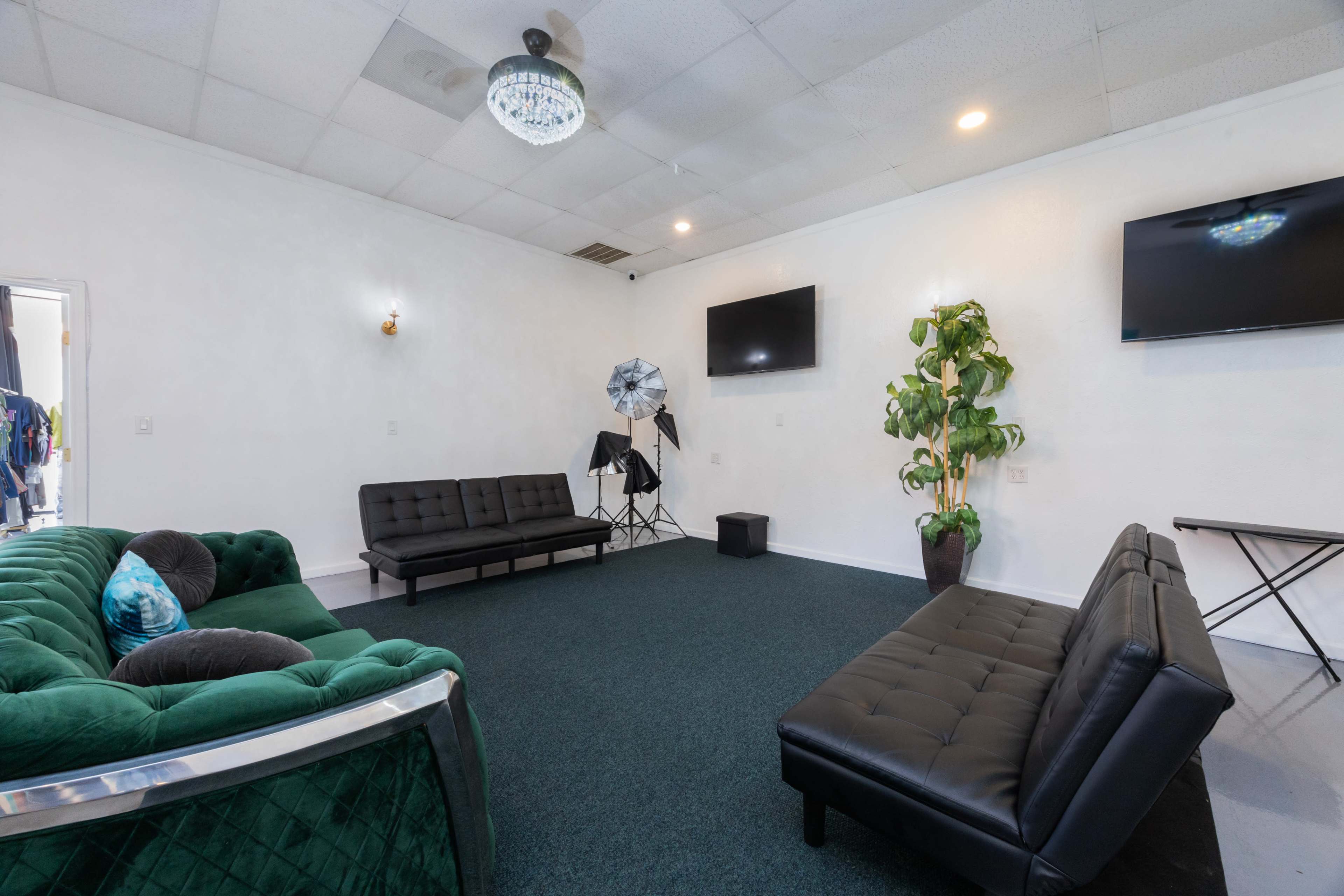 The room features a green velvet couch, black seating, two wall-mounted TVs, and a potted plant, all situated on a carpeted floor.