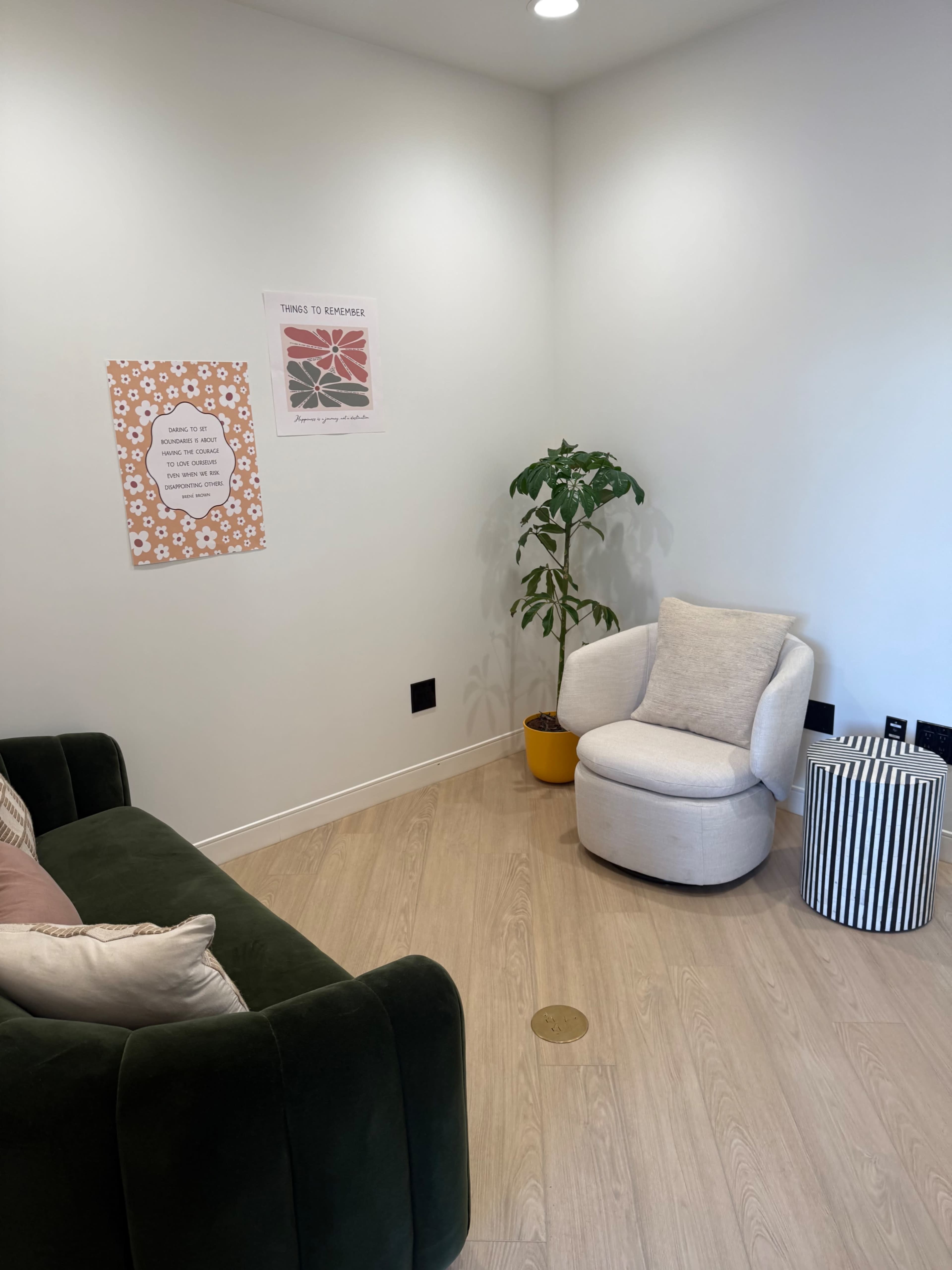 The image shows a small, modern room with a green couch, a white swivel chair, a potted plant, and decorative wall posters.