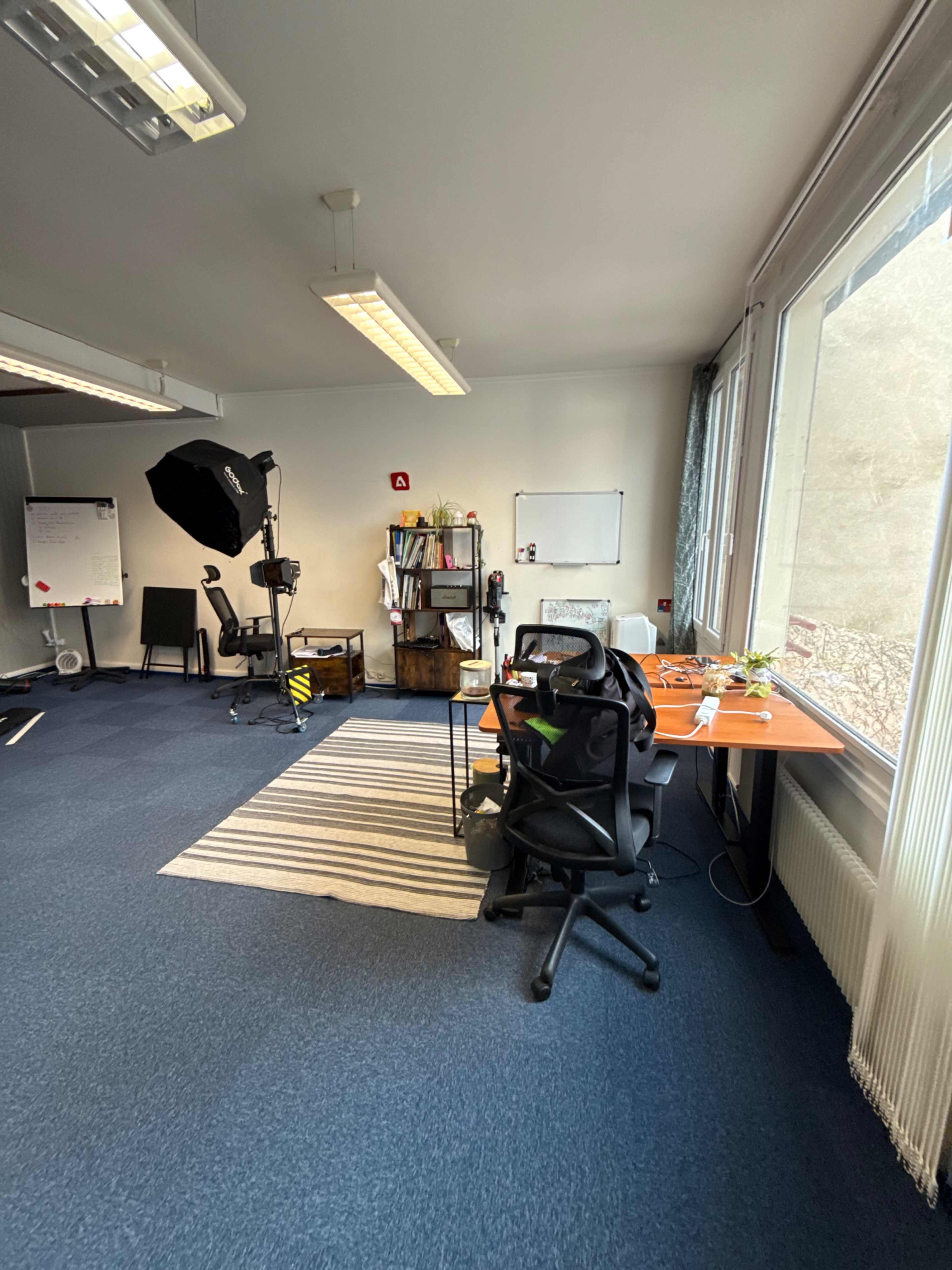 The image shows an office space with a desk, an ergonomic chair, a light setup, and shelves containing various items, all in a room with blue carpet and large windows.