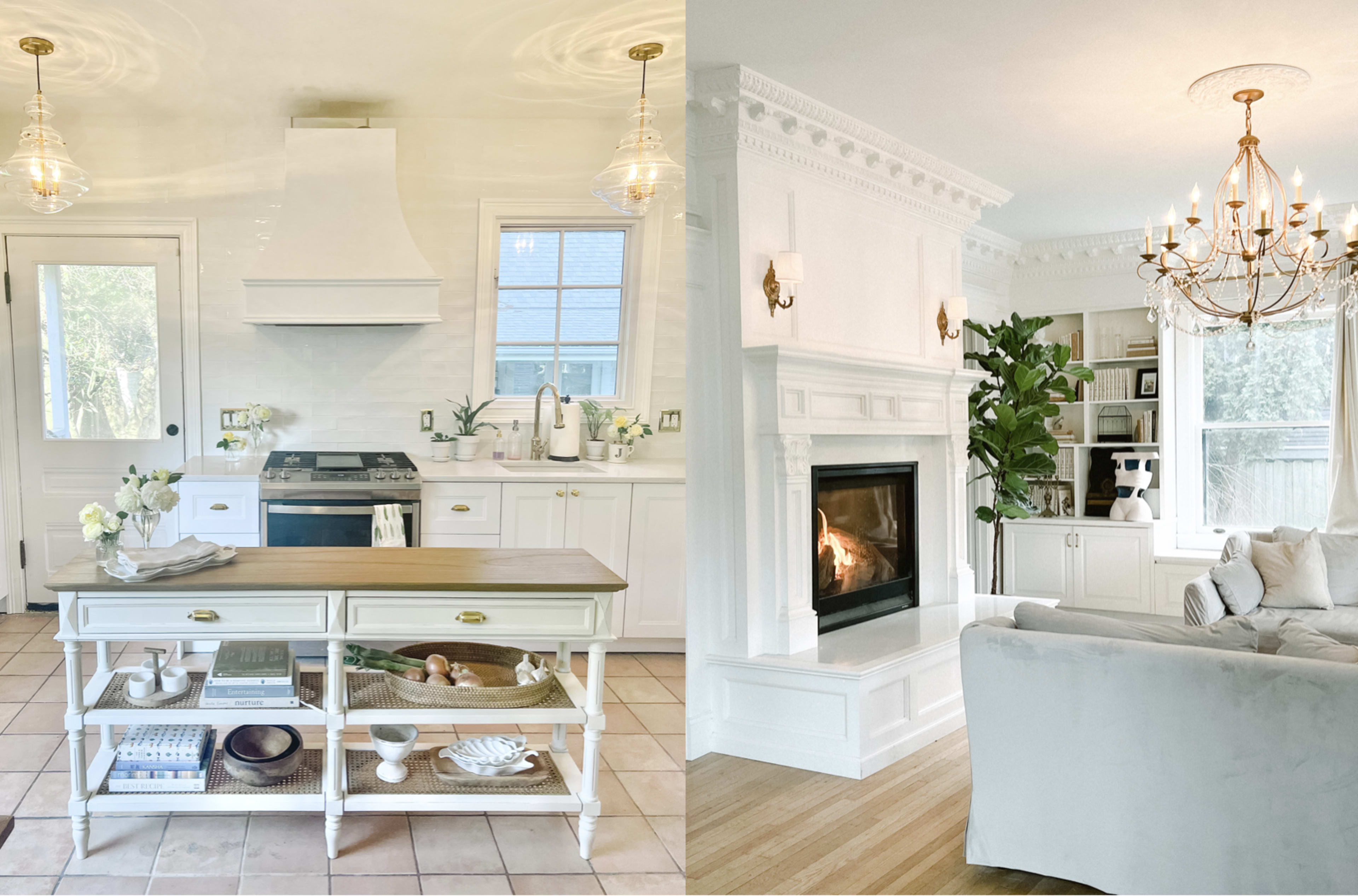 A bright and airy kitchen on the left with white cabinetry and a modern stove, and a cozy living room on the right with a fireplace and elegant decor.