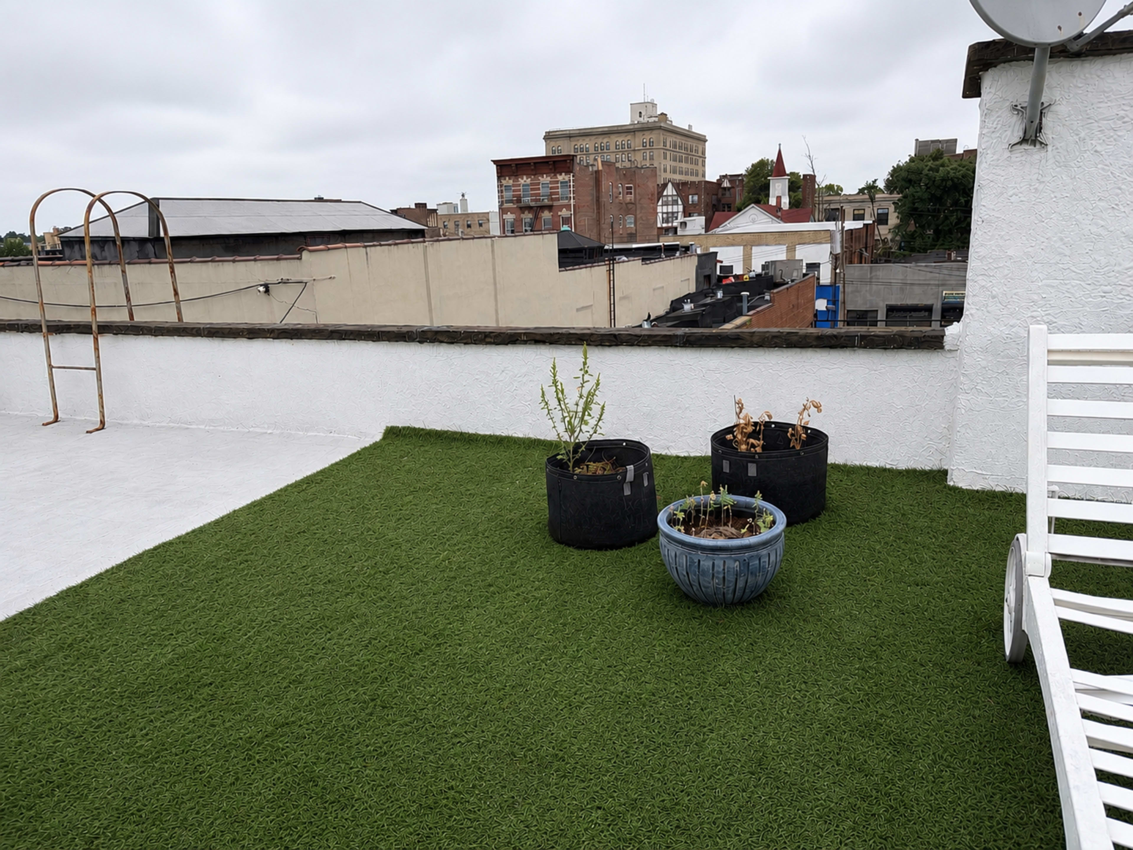 The image shows a rooftop area with artificial grass, three plant pots, and a cityscape visible in the background.