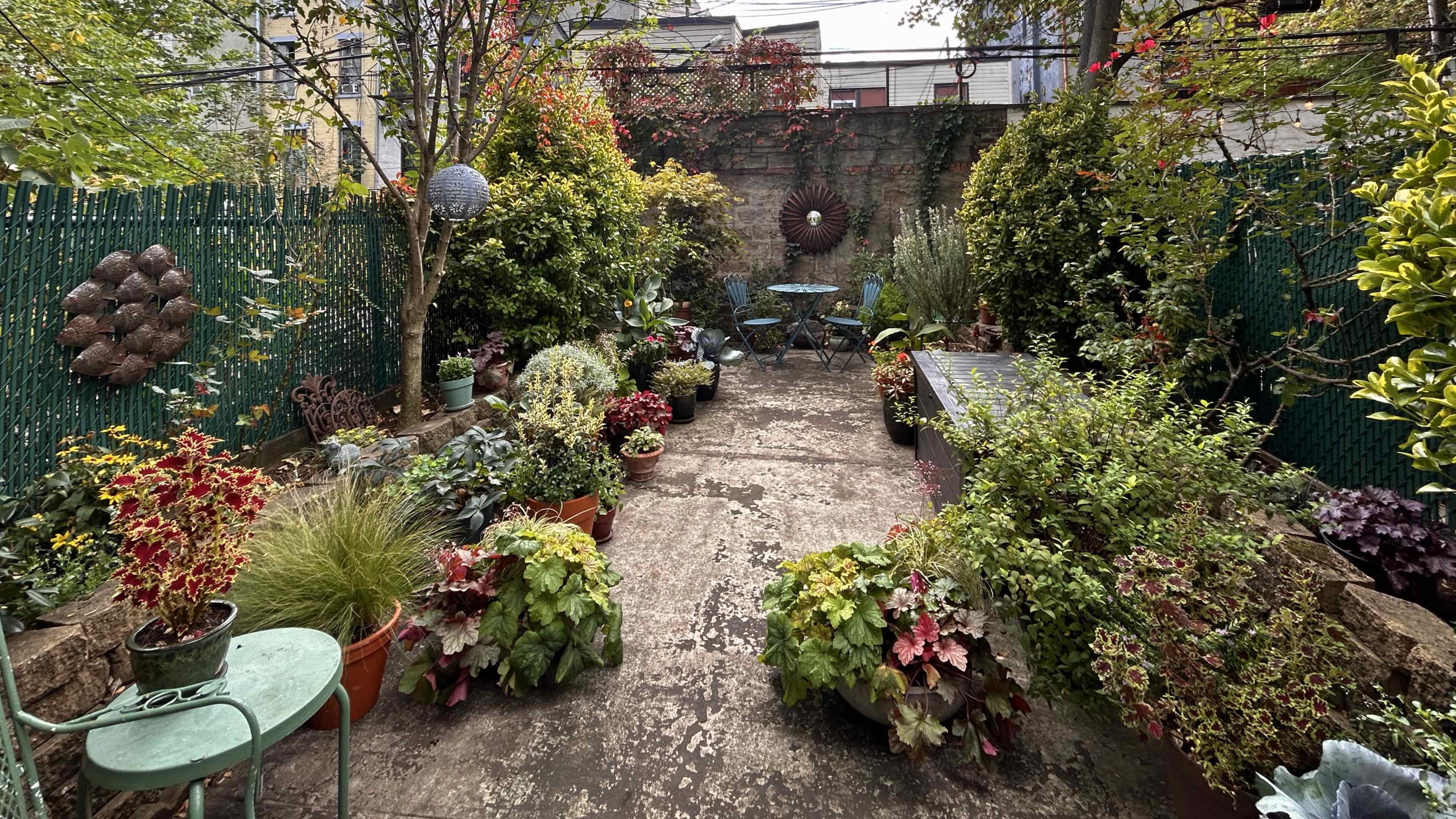 The image shows a garden pathway lined with various potted plants and flowers, leading to a small seating area with two blue chairs.