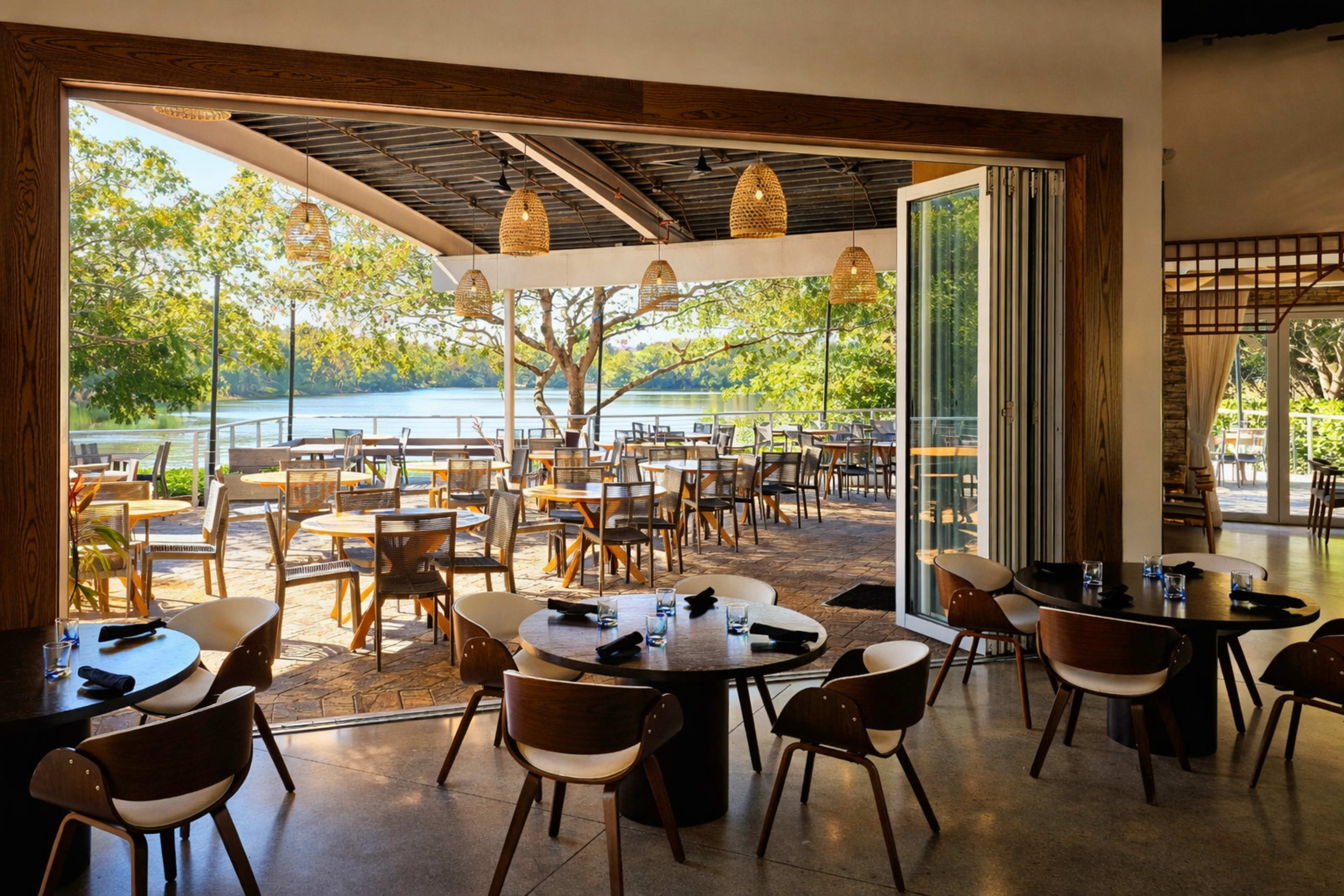 The image shows a spacious dining area with numerous tables and chairs, large windows, and a view of a river surrounded by greenery.