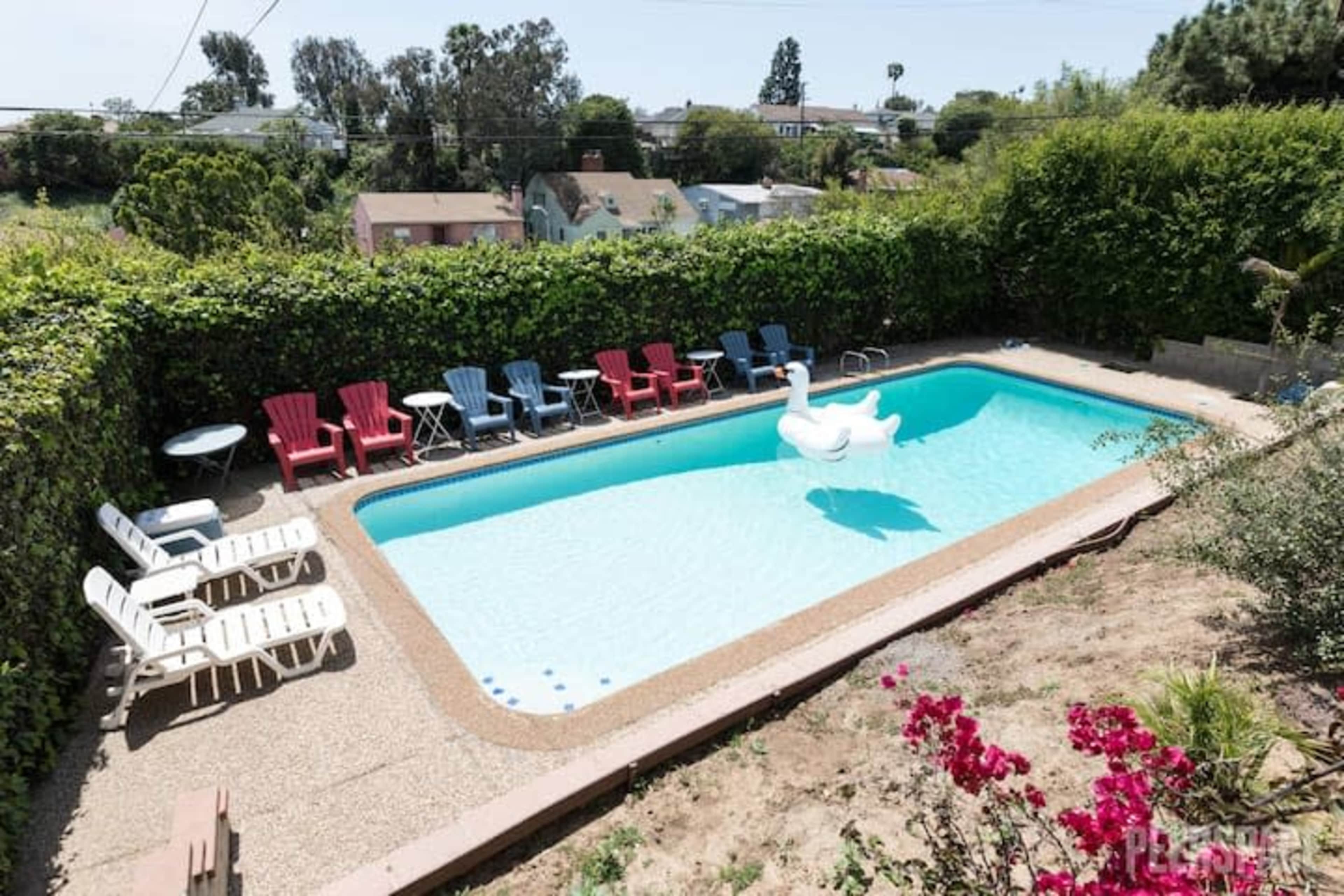 A rectangular swimming pool surrounded by lounge chairs of various colors and a large inflatable swan floats on the water.
