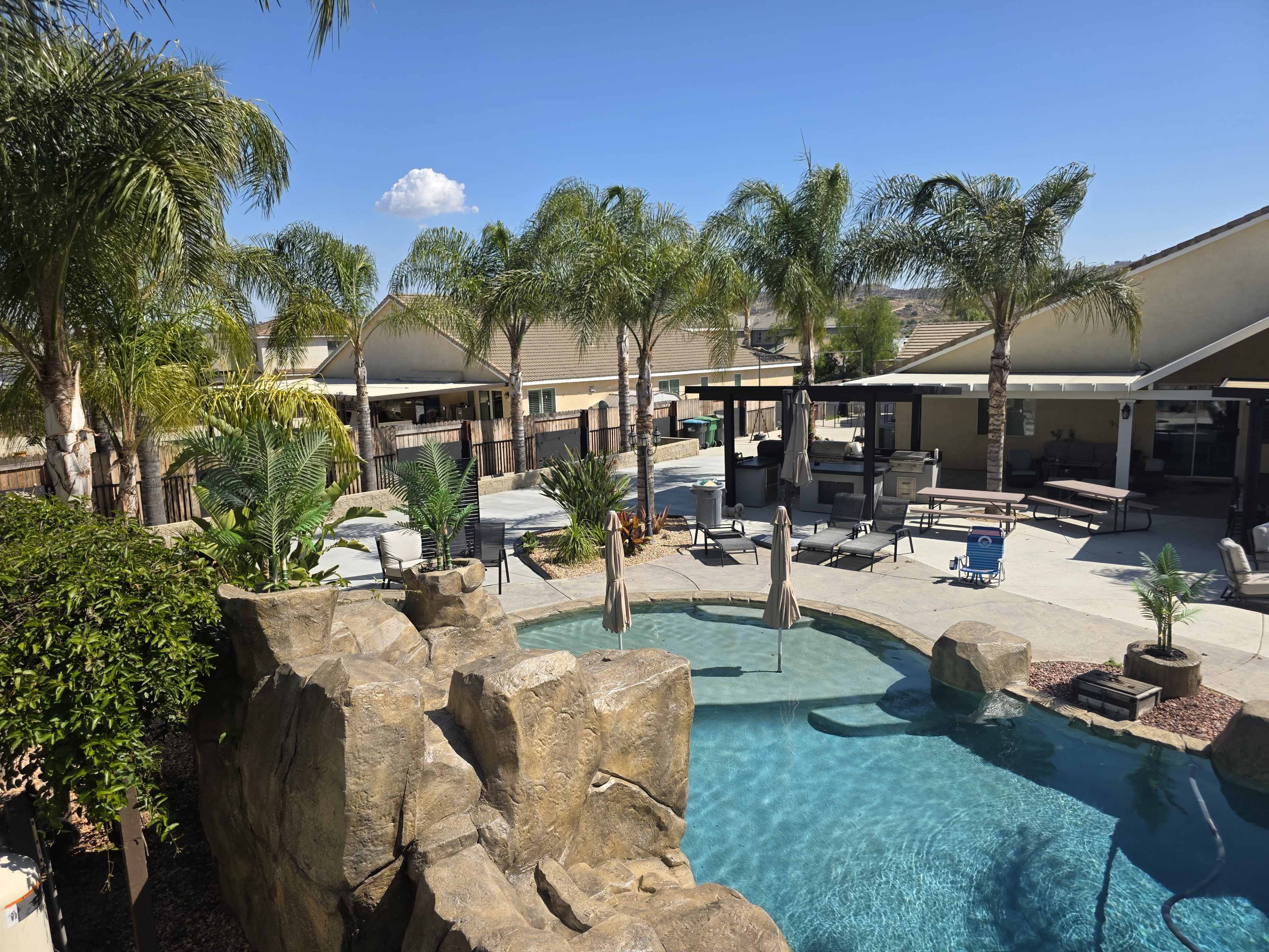 A backyard features a swimming pool surrounded by palm trees, lounge chairs, and a shaded patio area.