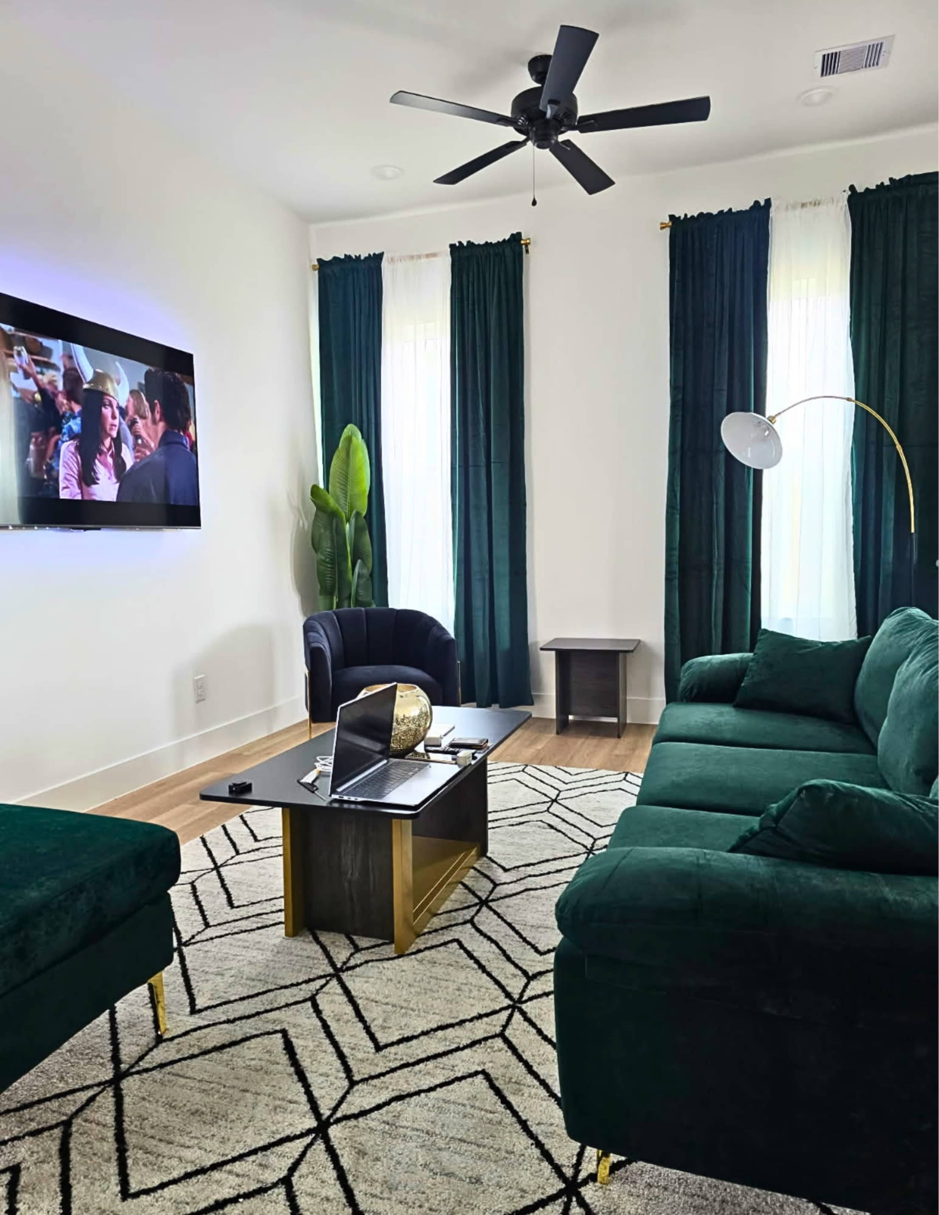 The living room features a dark green couch, a black armchair, and a coffee table, with a large television mounted on the wall and potted plants near the window.