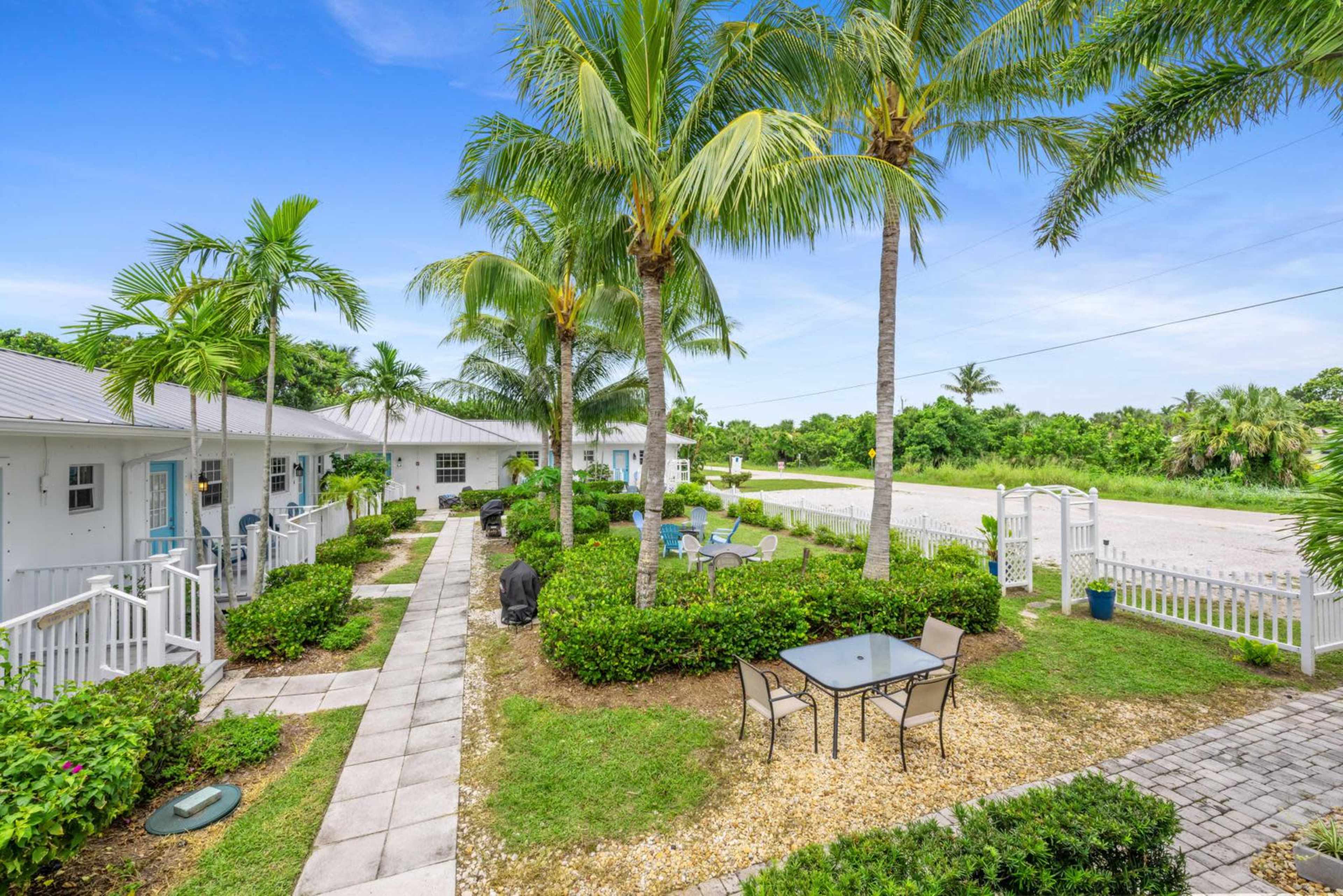 The image shows a tropical landscape with palm trees and a pathway leading to small, white buildings, surrounded by greenery and a seating area.