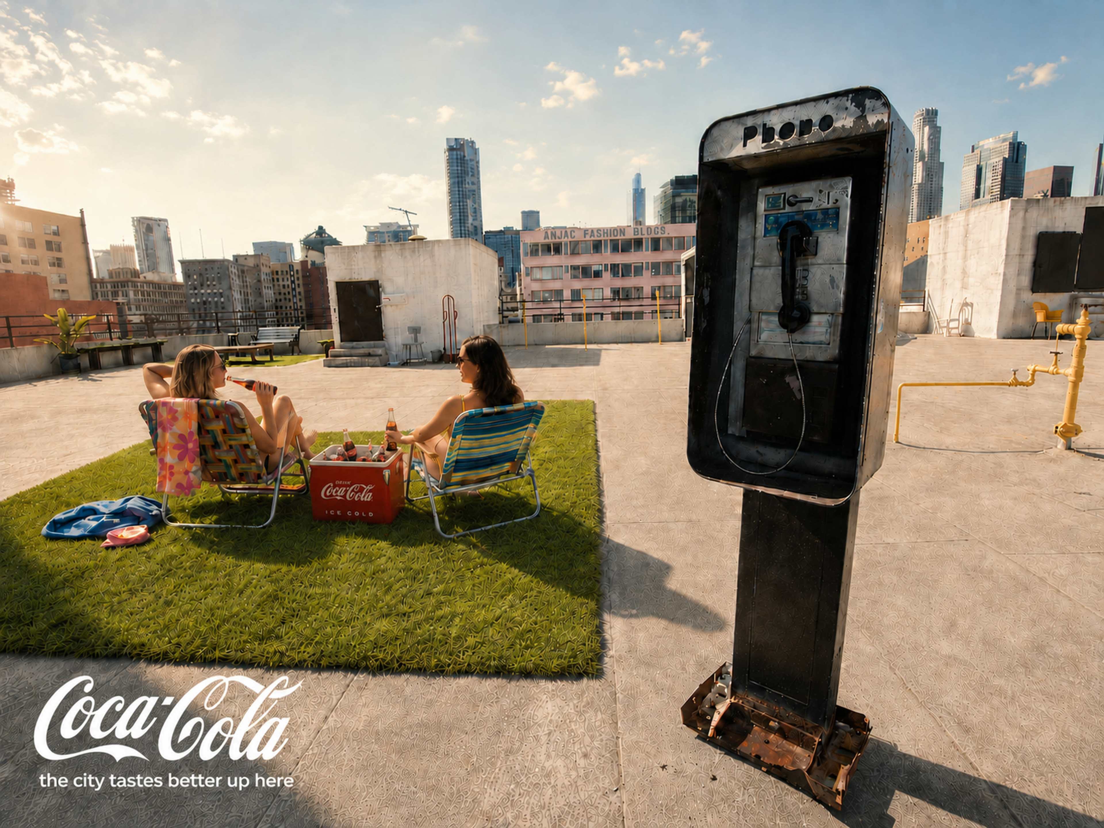 Two women sit on lawn chairs beside a Coca-Cola cooler on a rooftop, with a city skyline visible in the background.