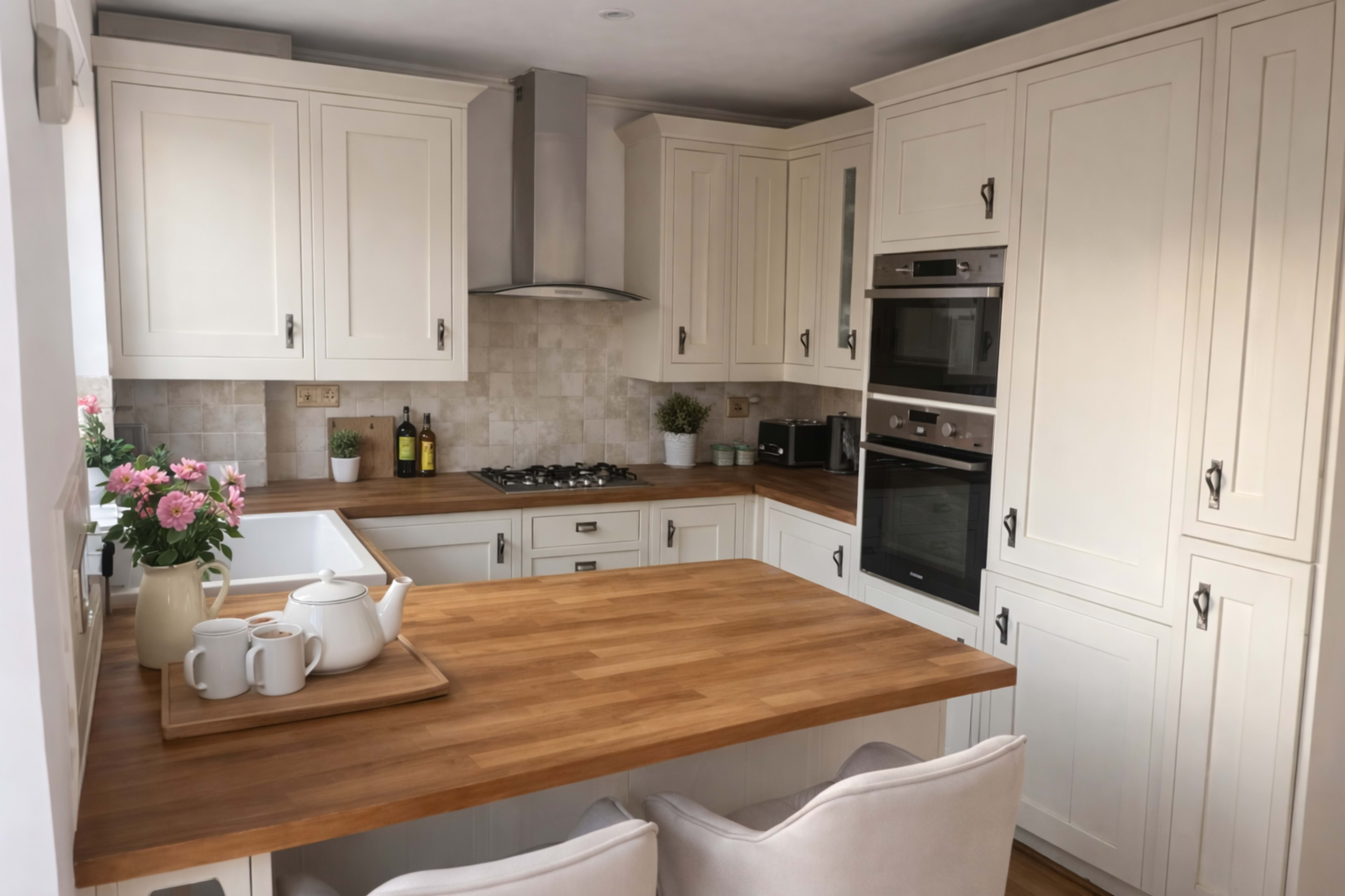 The image shows a modern kitchen with white cabinetry, a wooden countertop, and stainless steel appliances.