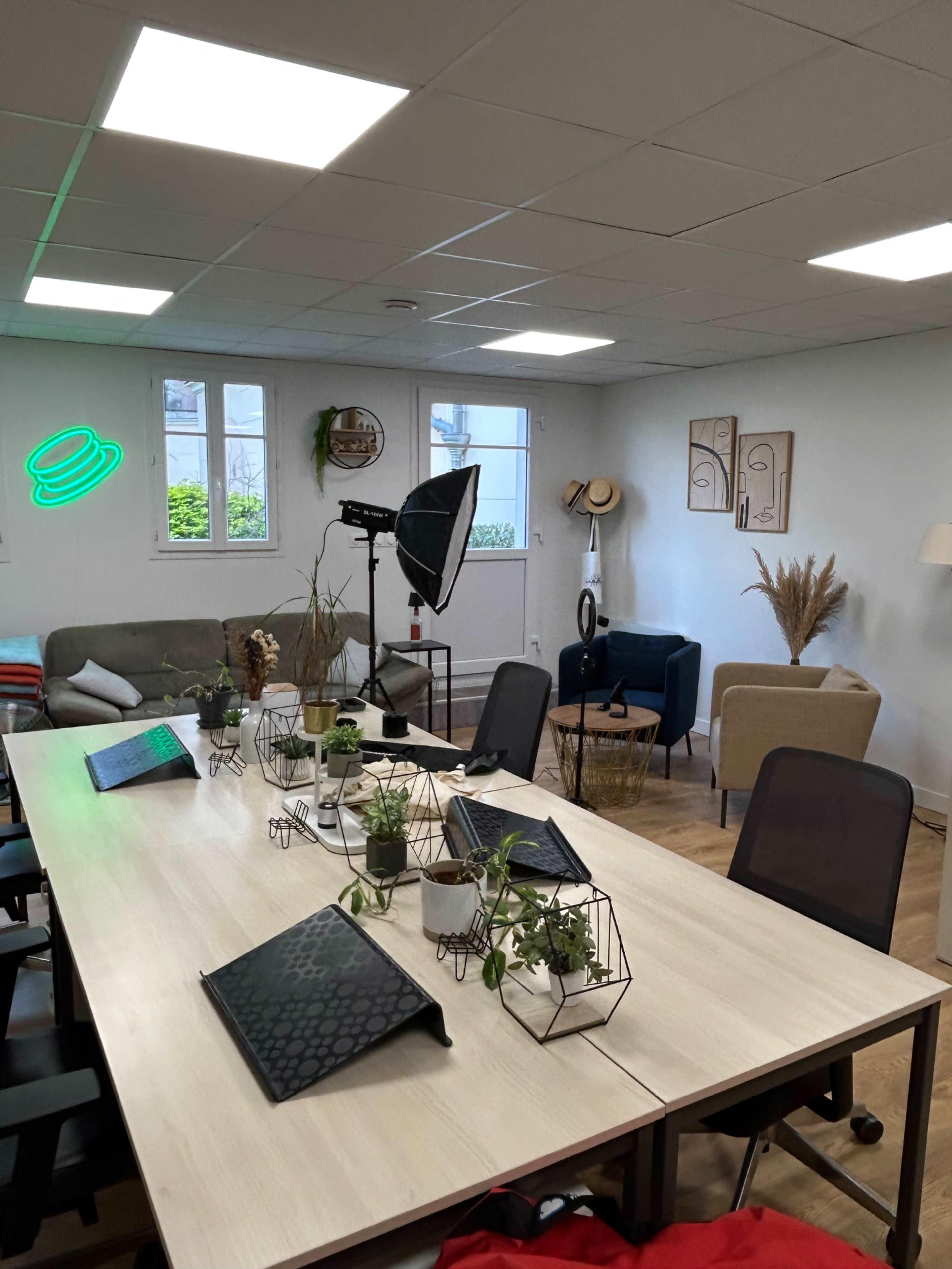 The image shows a bright, modern office space featuring a large table surrounded by chairs, with green plants, artwork on the walls, and natural light filtering through the windows.