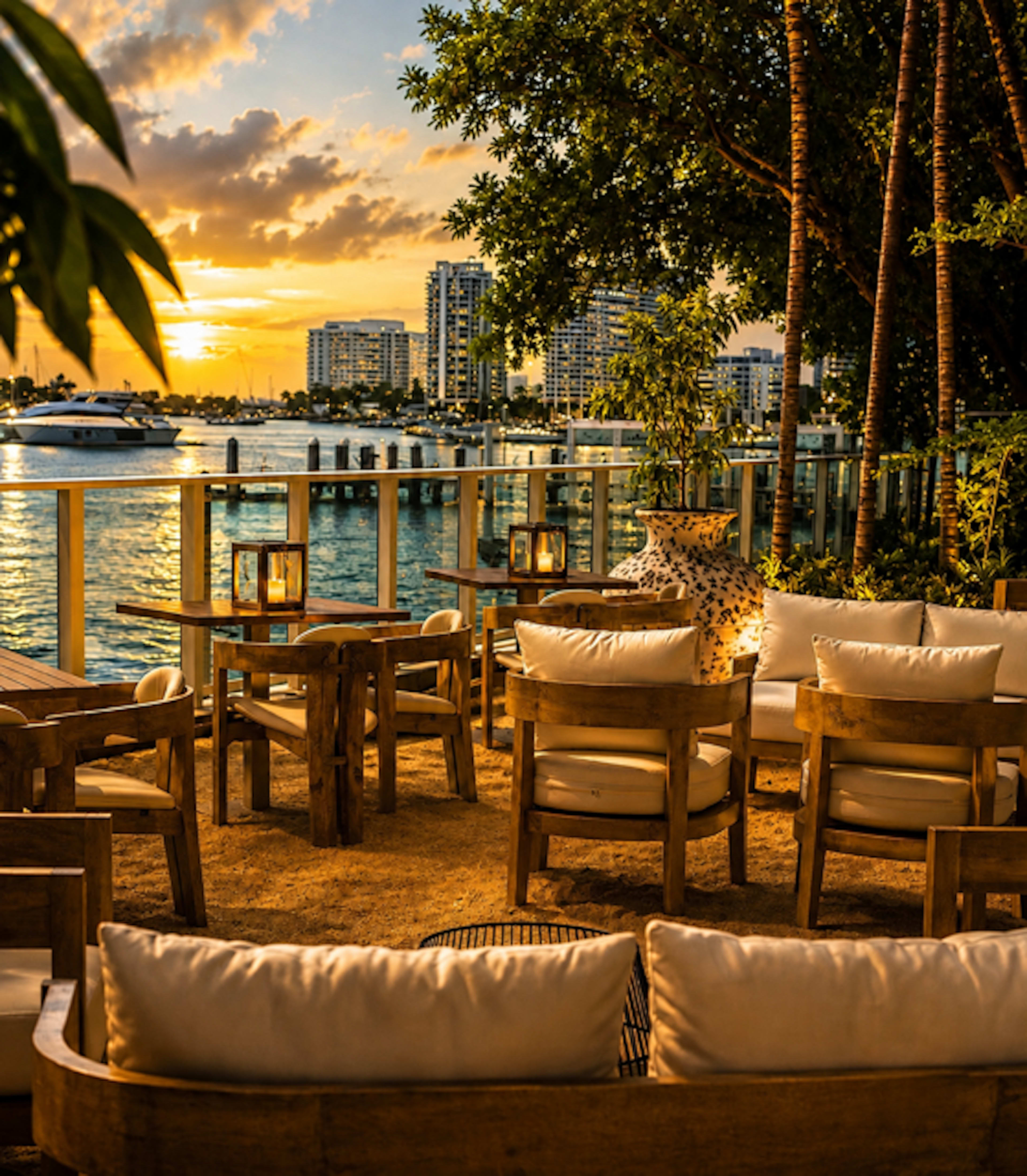 The image shows a waterfront outdoor seating area at sunset, with wooden furniture and a view of high-rise buildings across the water.