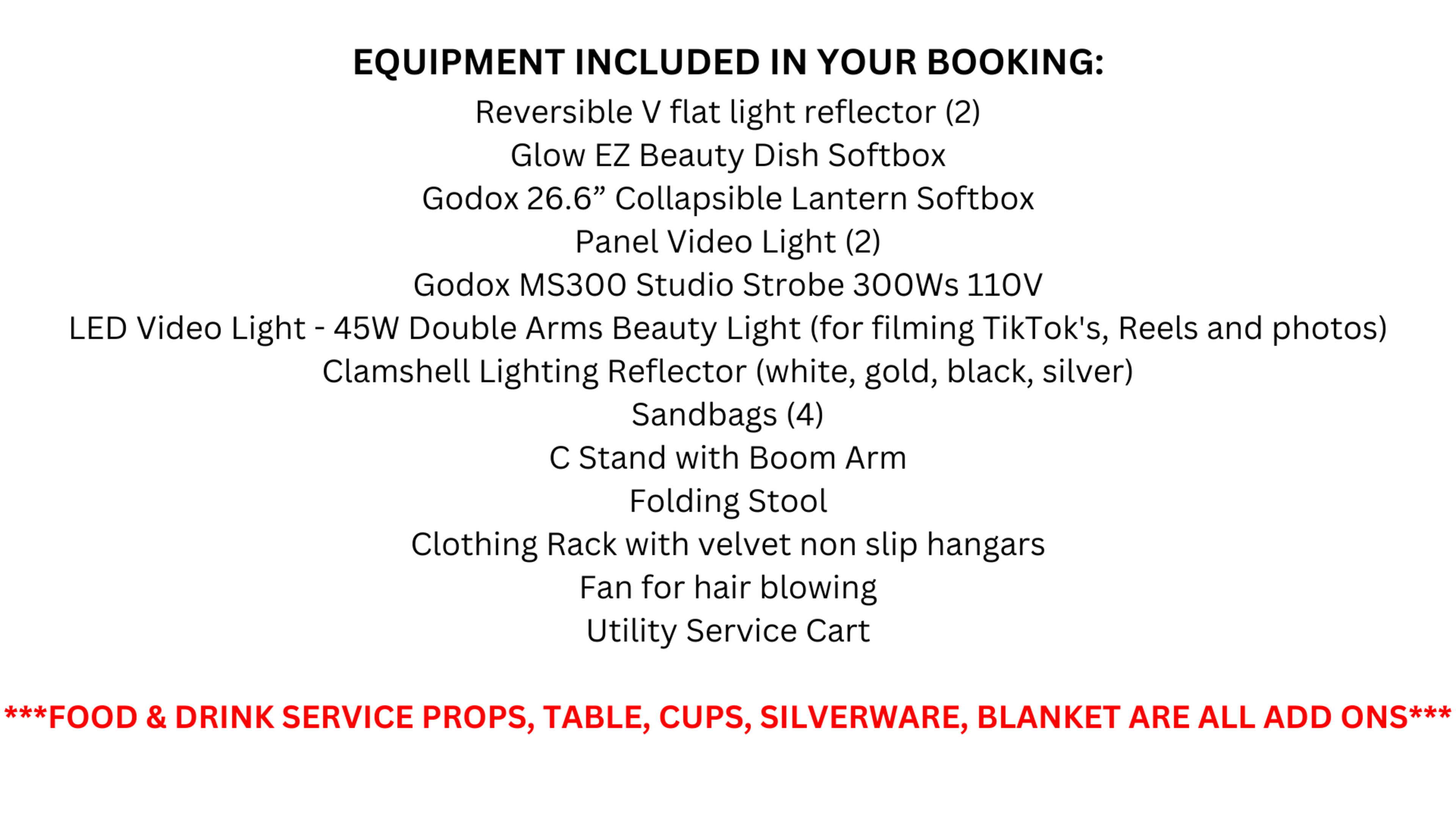 A list of equipment included in a booking, featuring items like reflectors, lighting equipment, and accessories for a photography or videography setup.