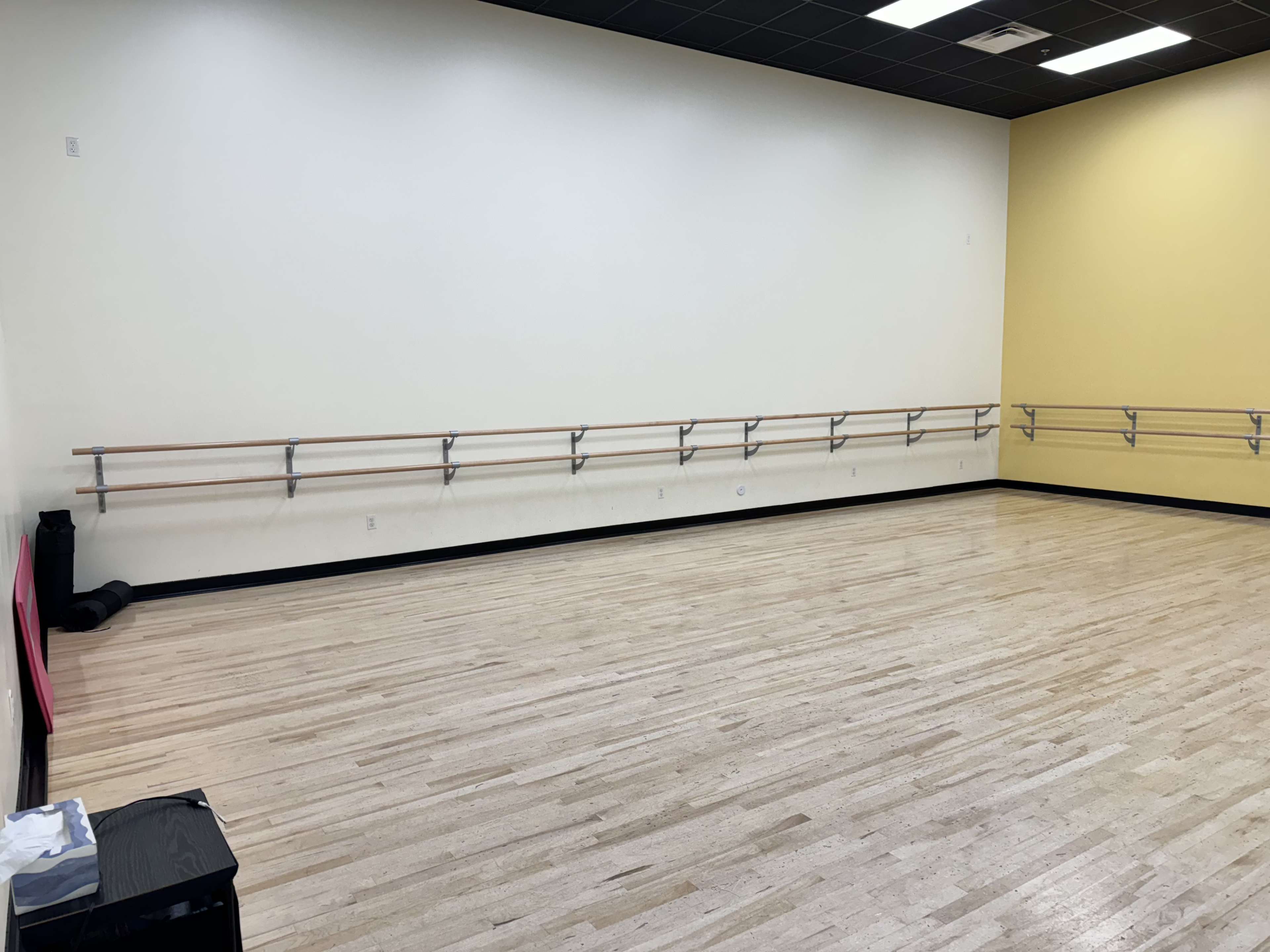 A spacious dance studio with polished wooden floors and ballet barres mounted on the wall.