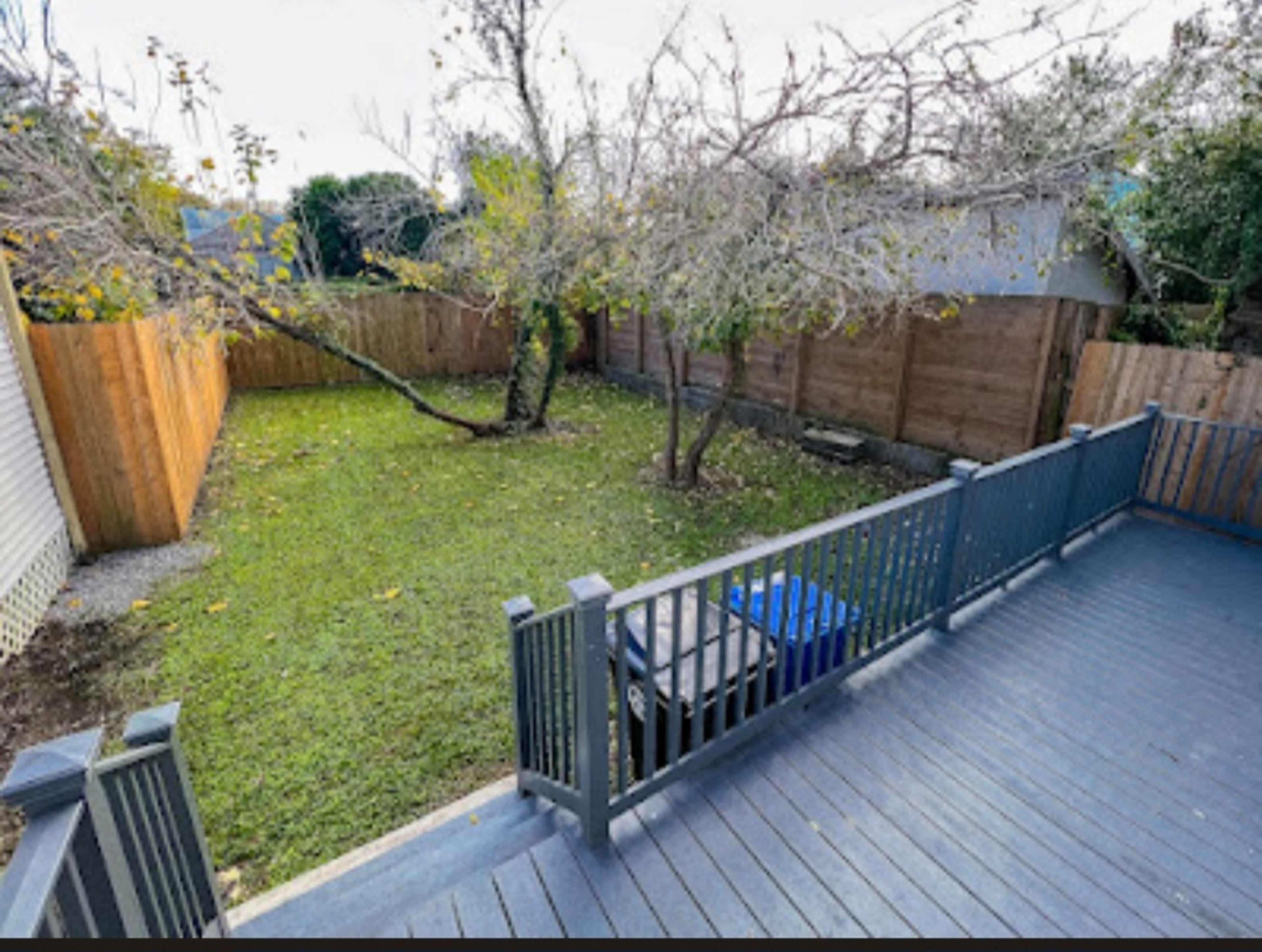 A view of a backyard with a grassy area, a leaning tree, and a wooden fence bordering the perimeter.
