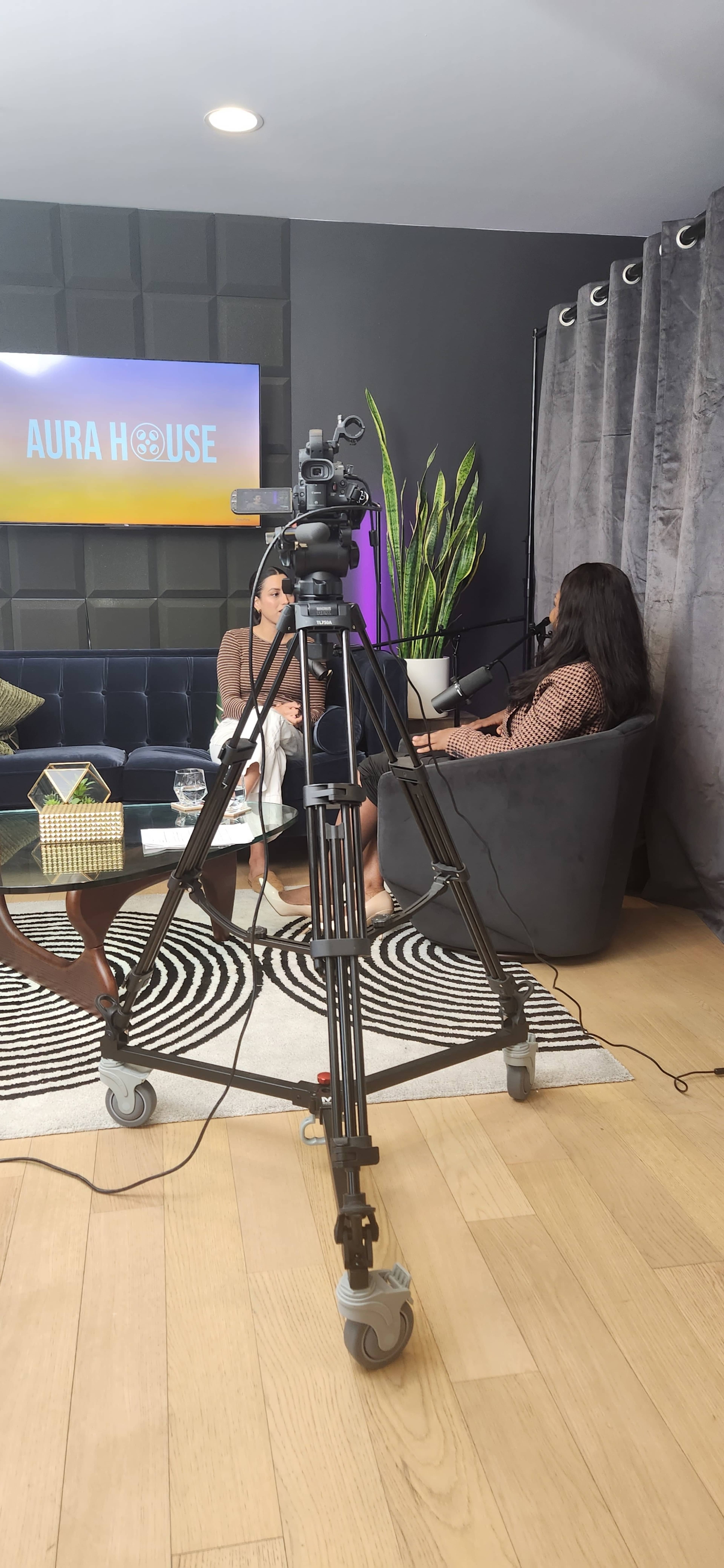 The image shows a television interview setup featuring two individuals seated on a couch, with a camera on a tripod focused on them and a decorative plant in the background.