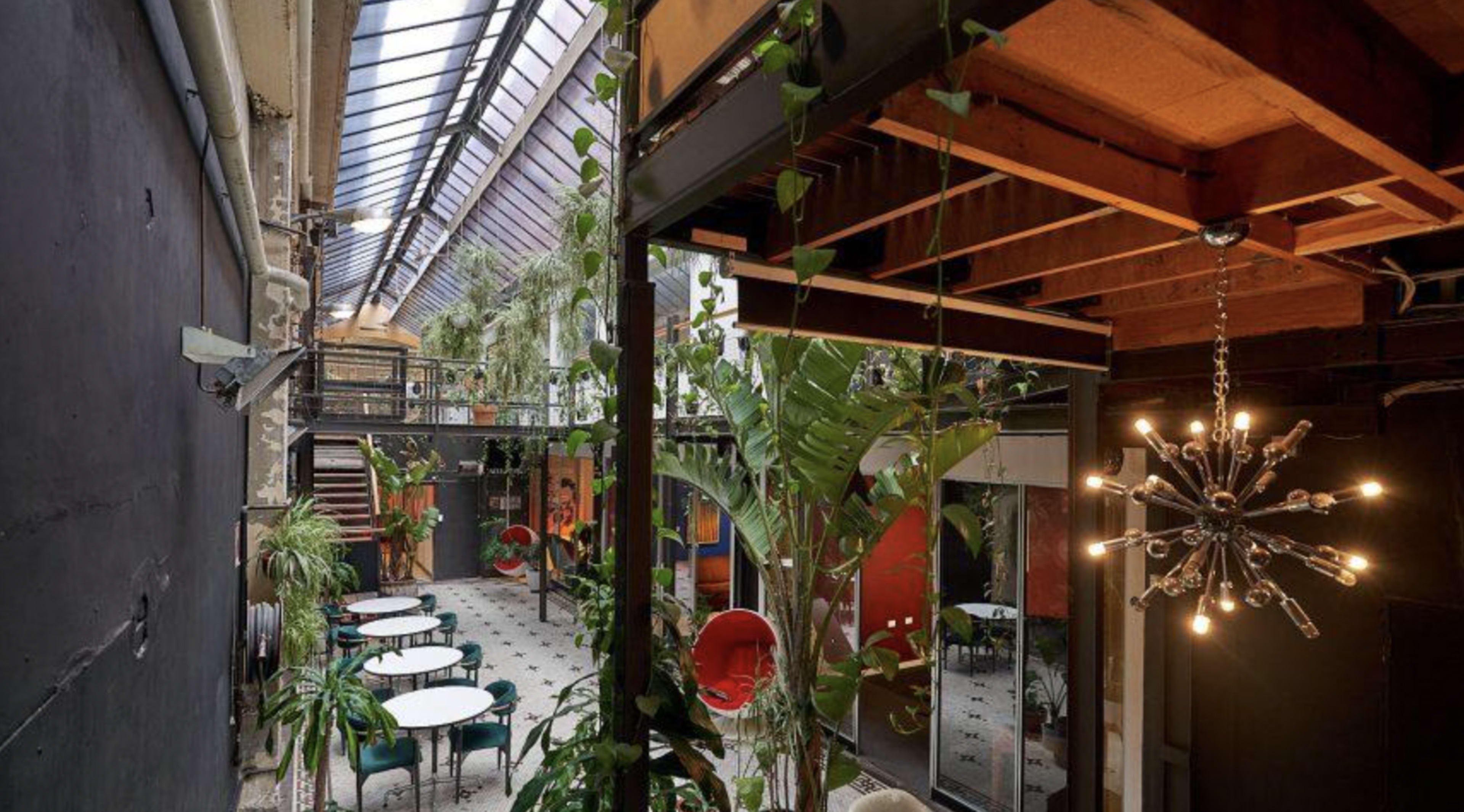 The image shows a spacious indoor area with a glass roof, featuring numerous plants, tables, and unique light fixtures.