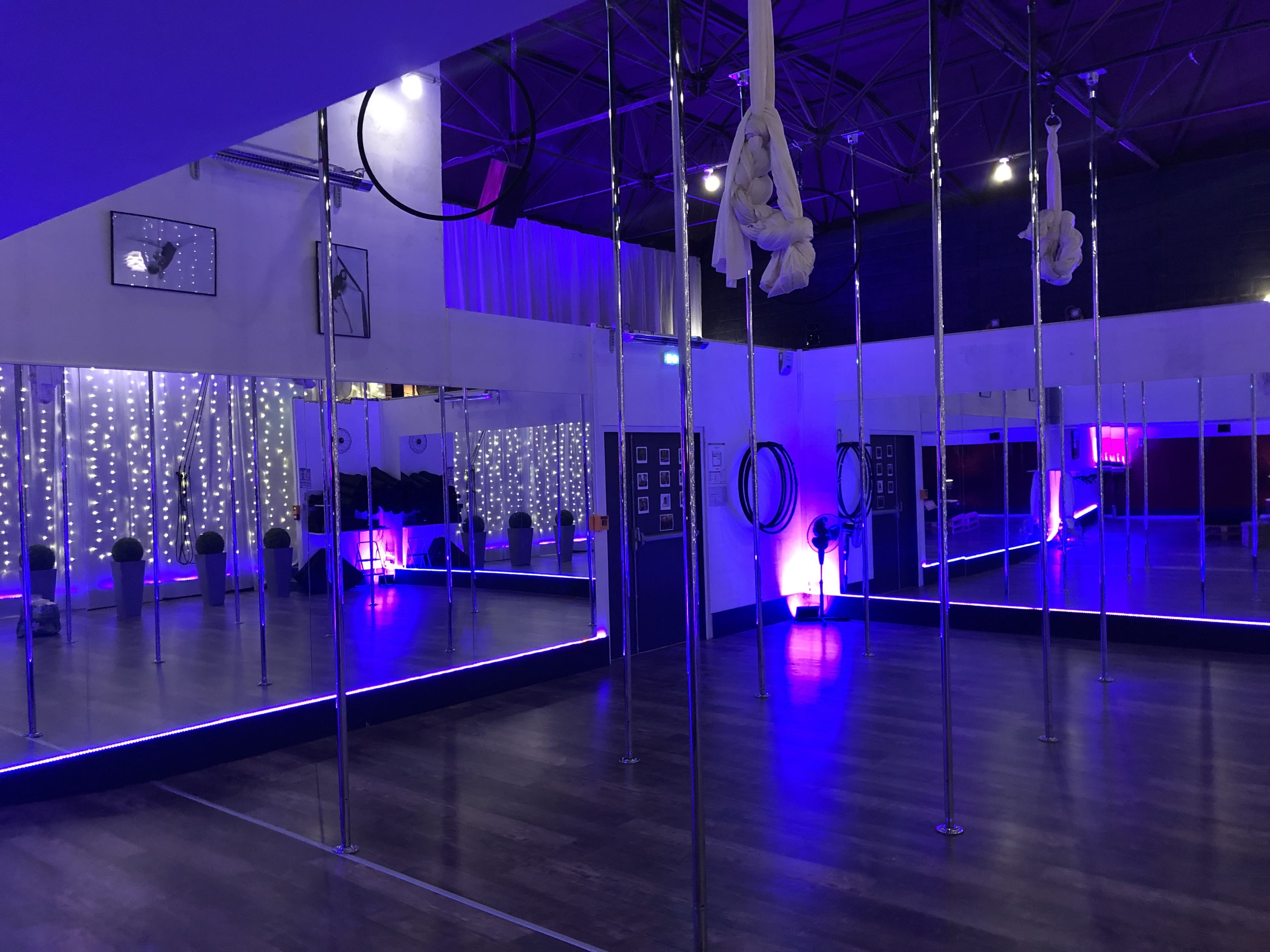 The image shows a brightly lit exercise studio featuring several pole dancing poles, mirrors, and ambient purple lighting.