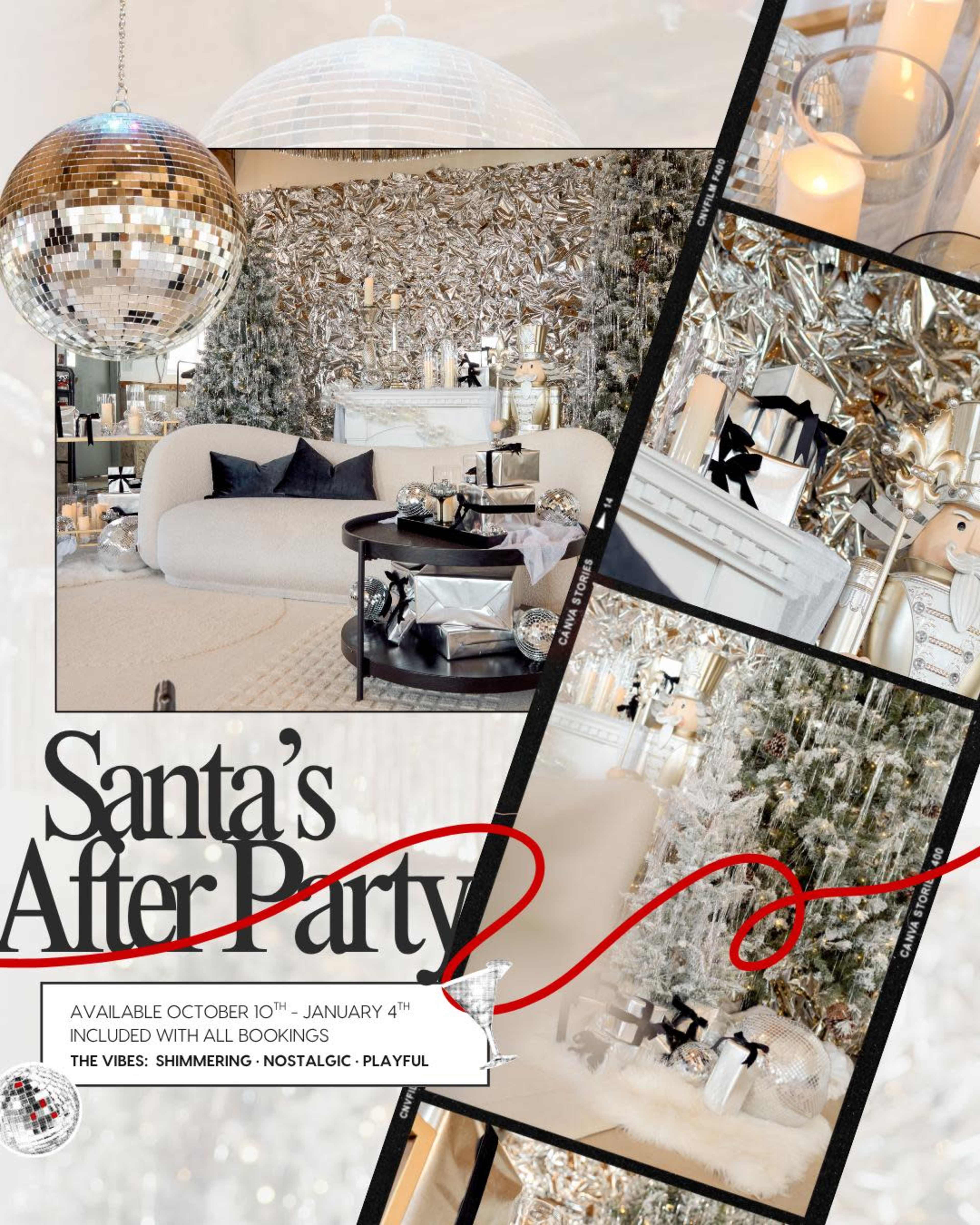 The image features a stylish living room decorated for a holiday event, with a prominent disco ball, festive ornaments, and elegant furnishings.