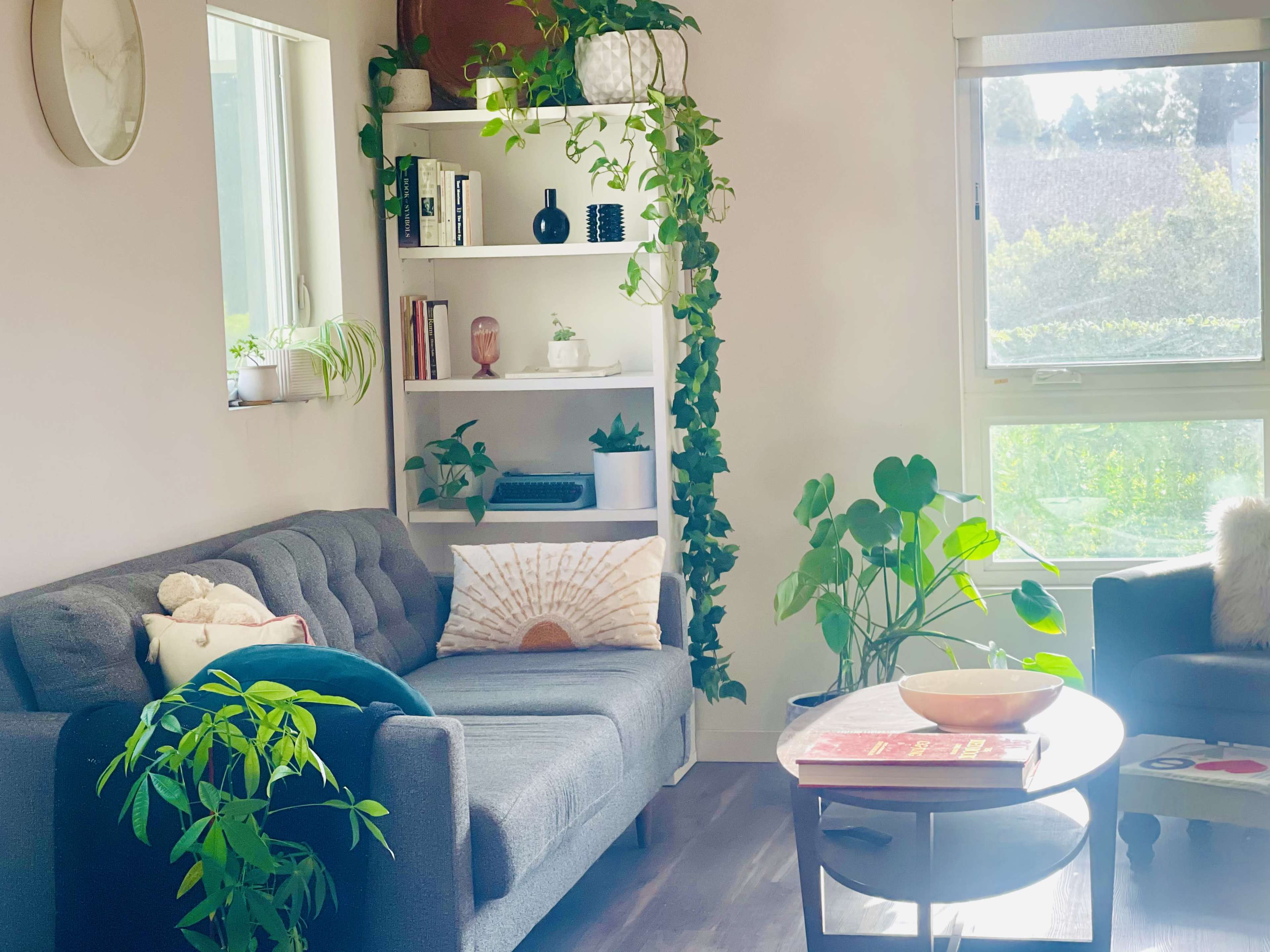 The image shows a cozy living room featuring a gray sofa, a white bookshelf filled with plants and decor, and a round coffee table surrounded by greenery.