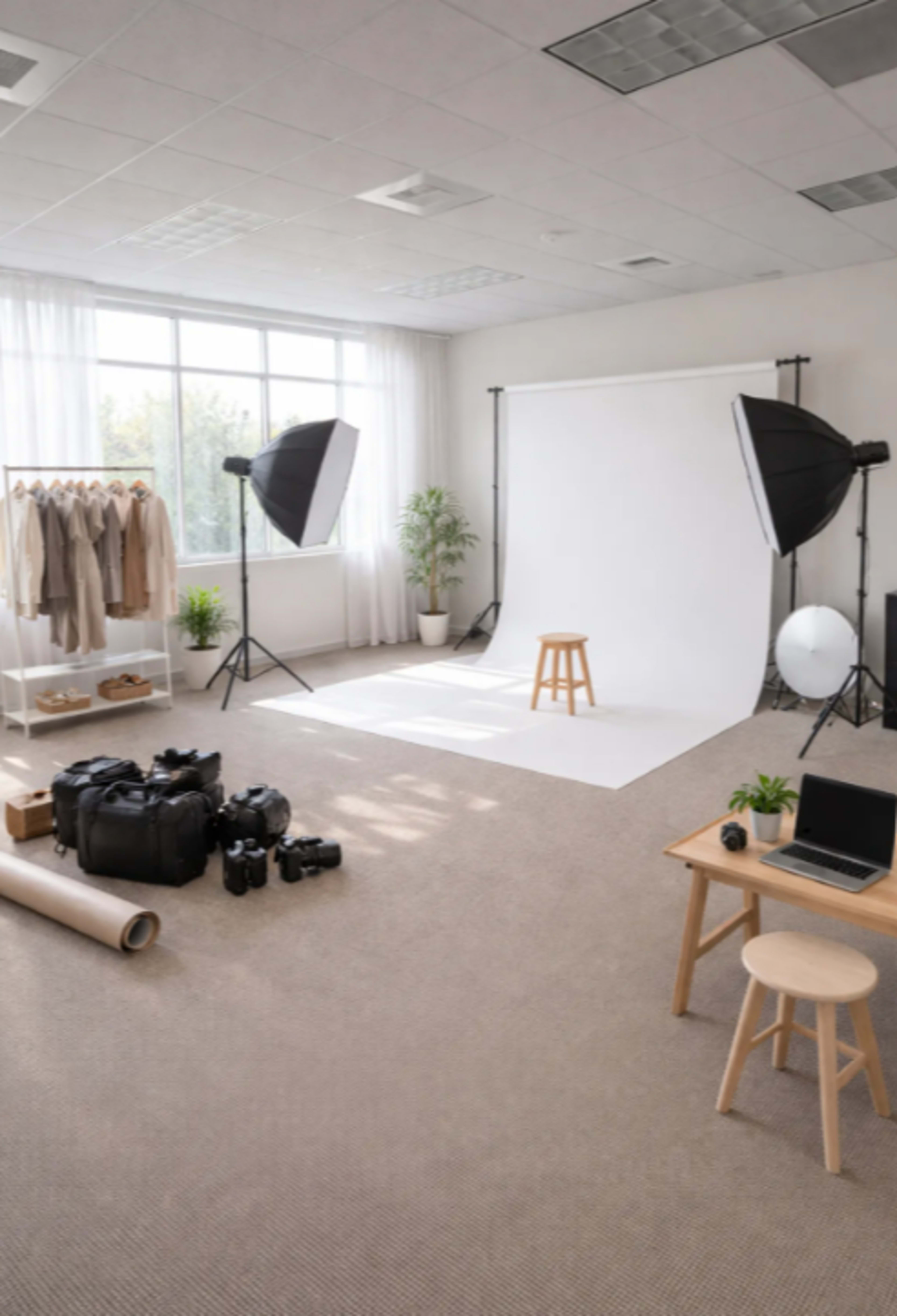 The image shows a photography studio featuring a white backdrop, a wooden stool in the center, studio lights on either side, and various photography equipment arranged neatly on the floor.