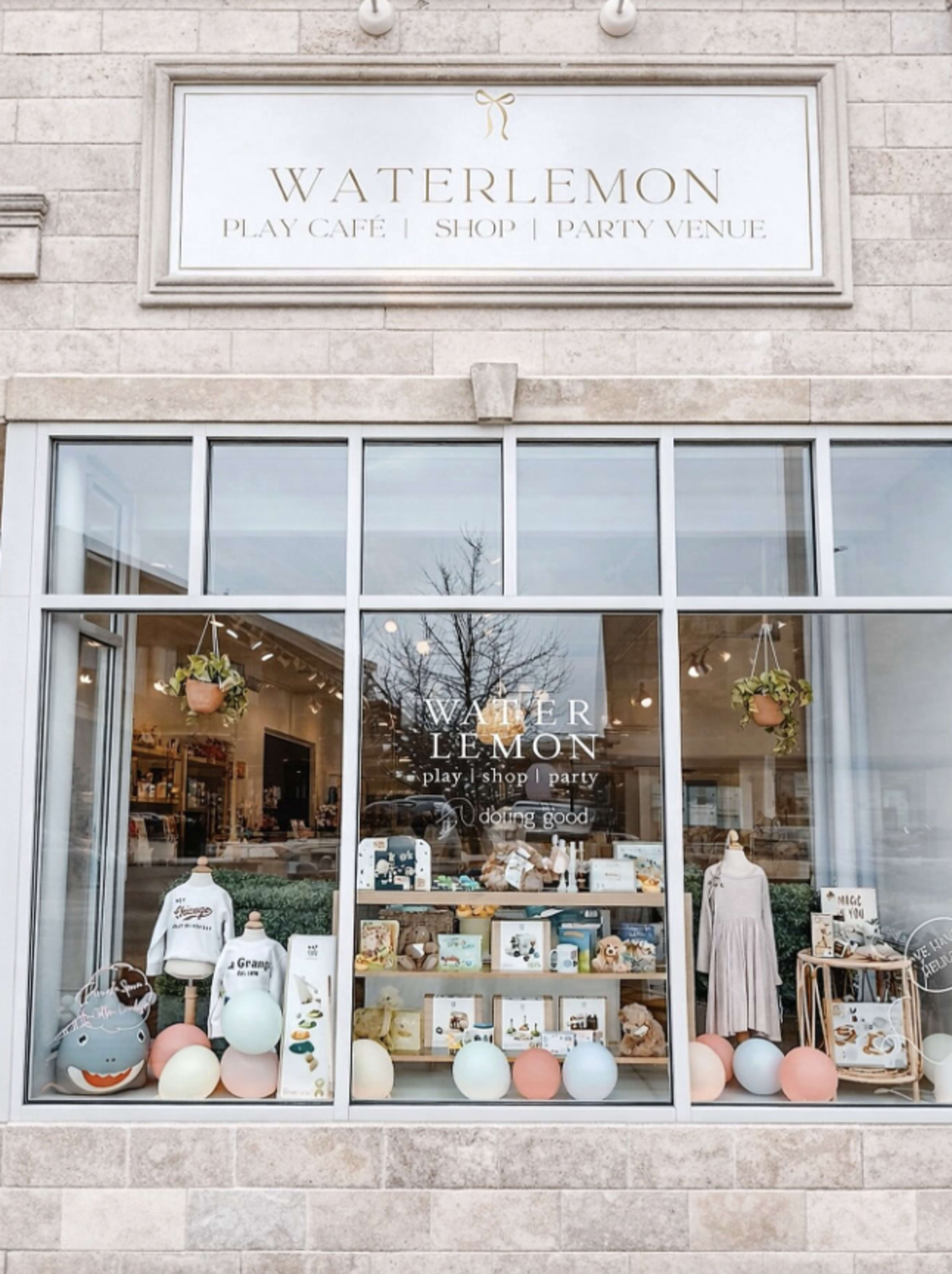 The image shows the storefront of a business named "WATERLEMON," featuring a large window displaying various children's books, toys, and decor.