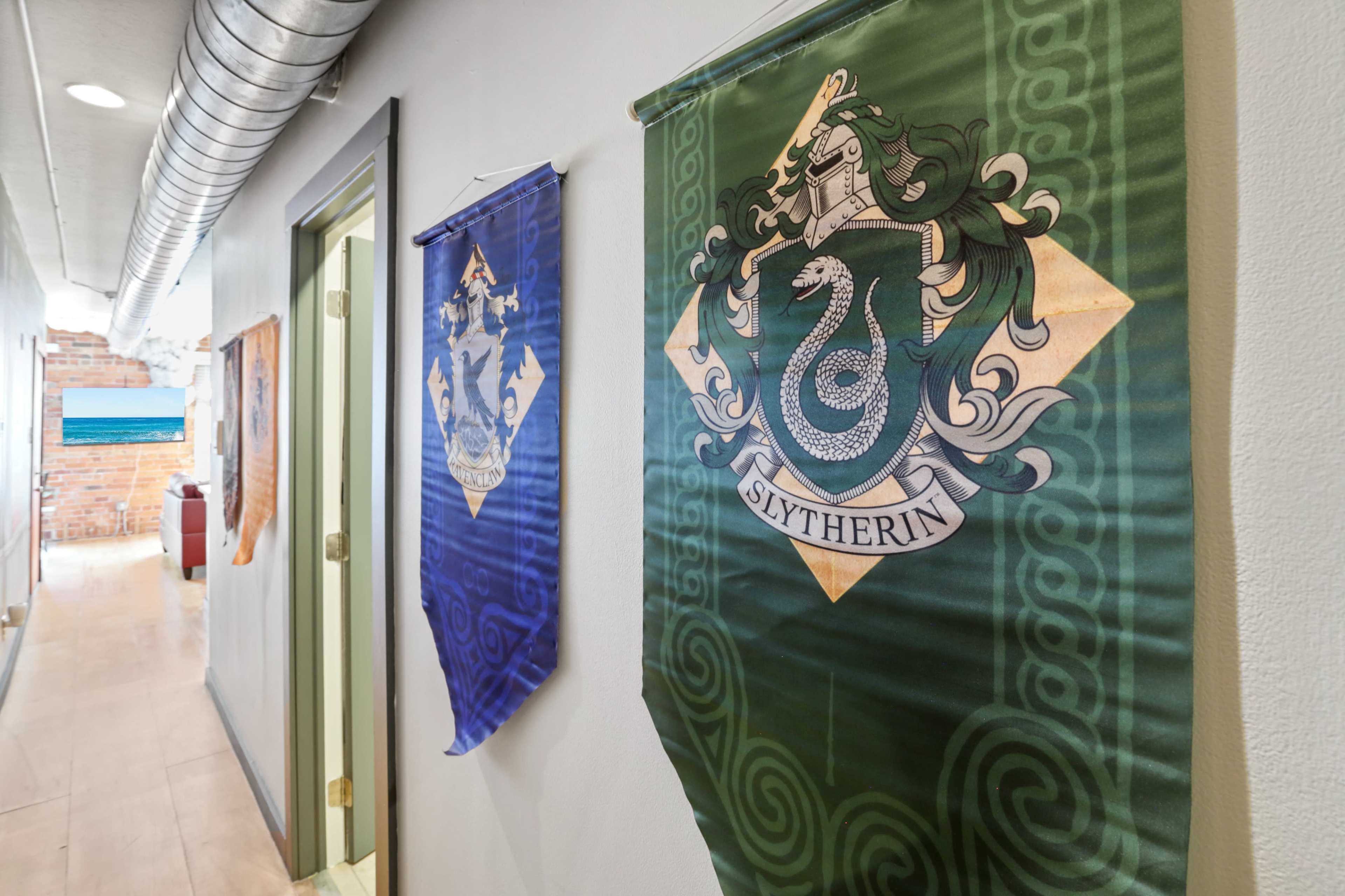 The hallway features banners of different house emblems from a fantasy series, including Slytherin, hanging on the walls.