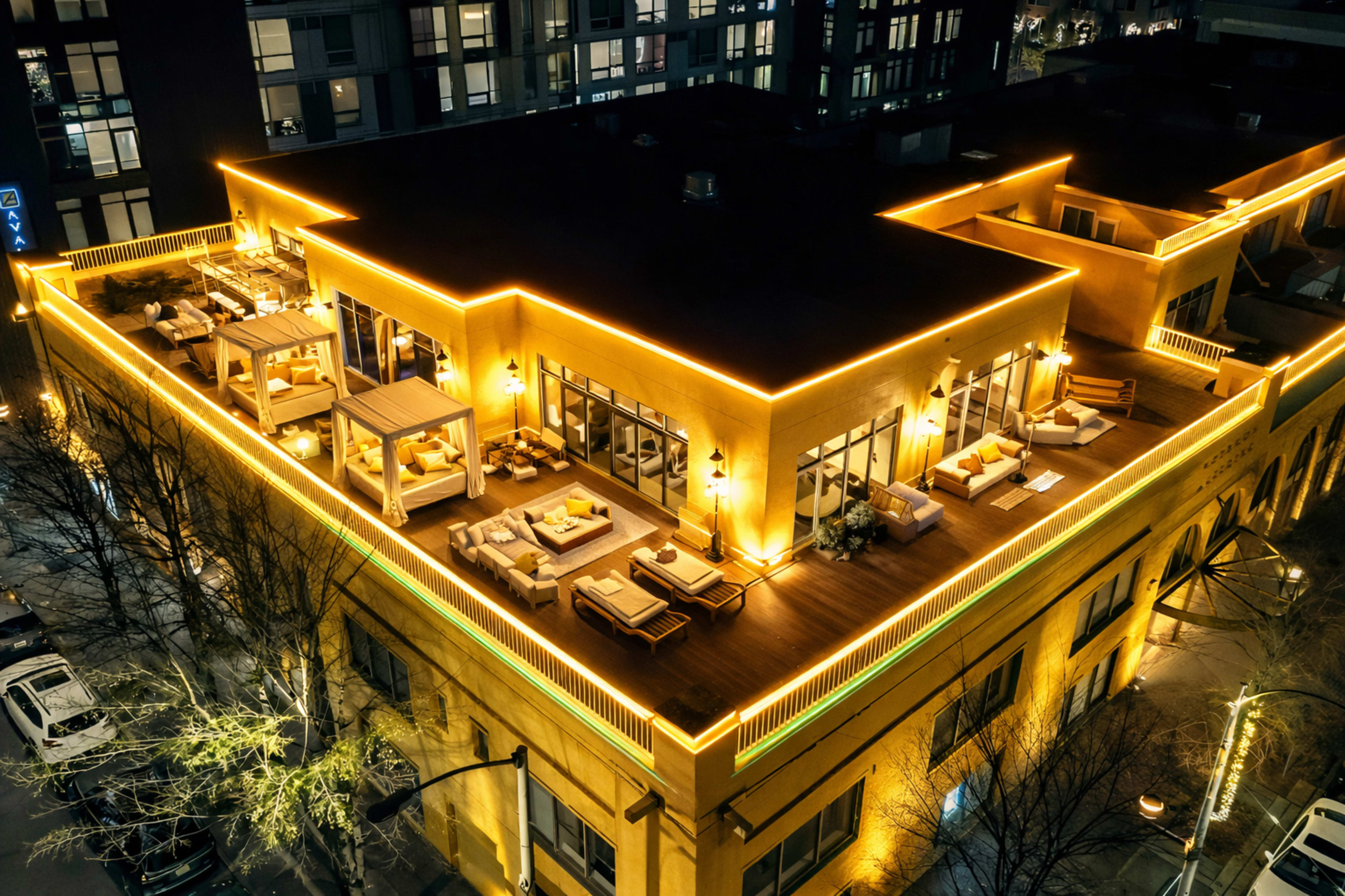 The image shows a rooftop terrace of a building illuminated with warm lights, featuring seating areas and a modern design.